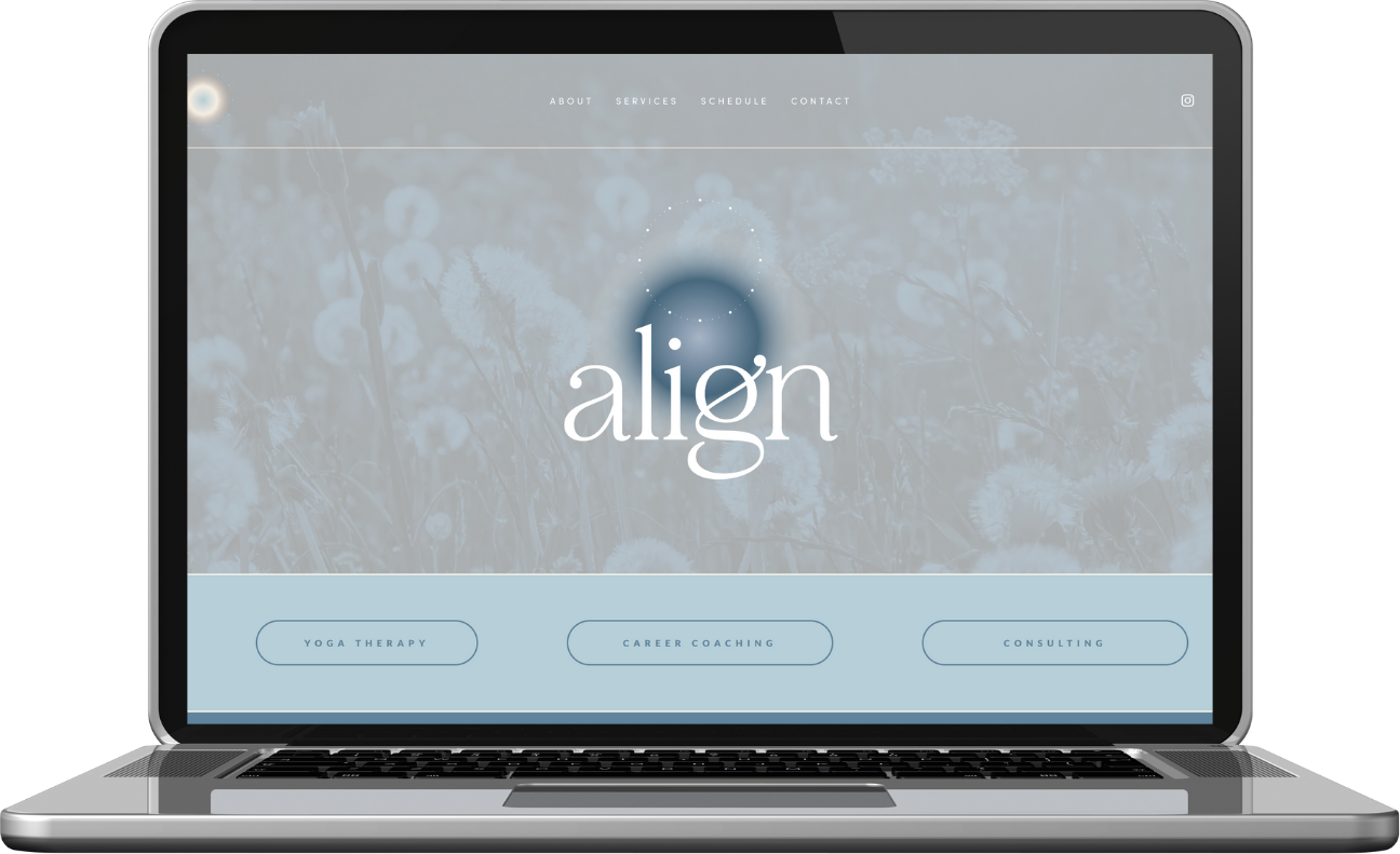 Laptop screen displaying a website with the word 'align' and navigation menu, background image of dandelions, and buttons for yoga therapy, career coaching, and consulting.