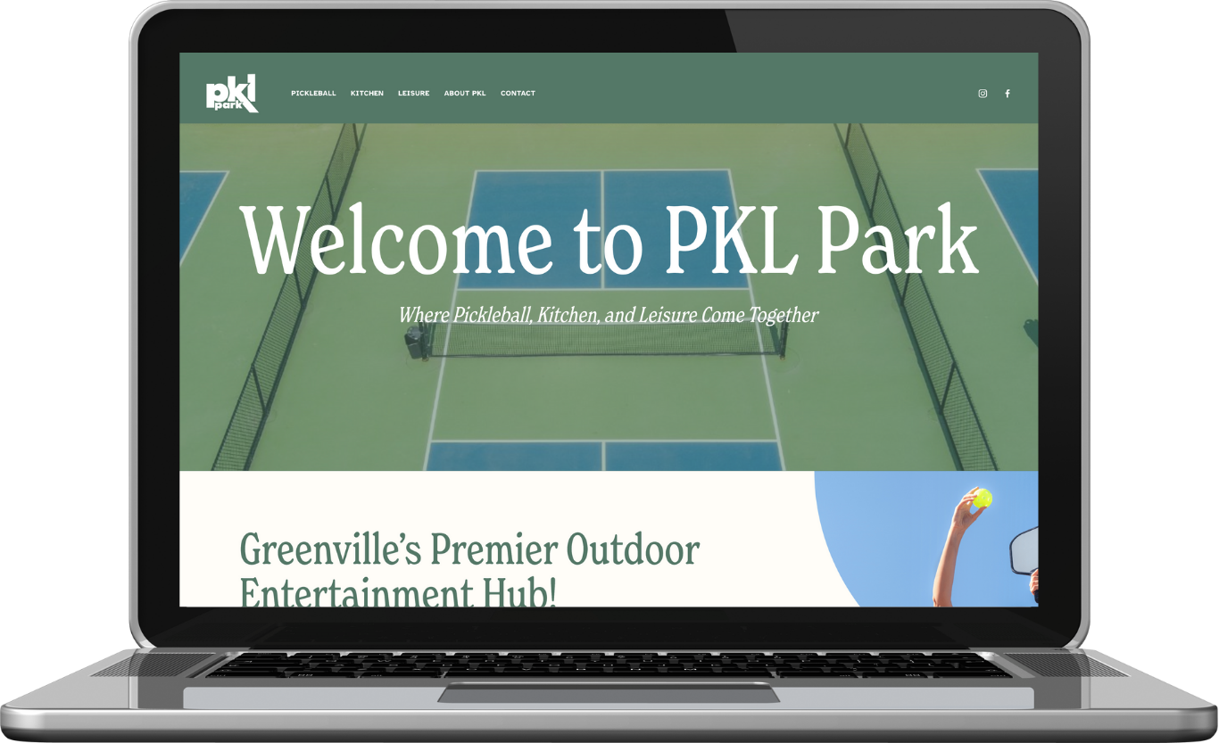 Laptop displaying the homepage of PKL Park, an outdoor entertainment hub with pickleball, kitchen, and leisure facilities, featuring an aerial view of pickleball courts.