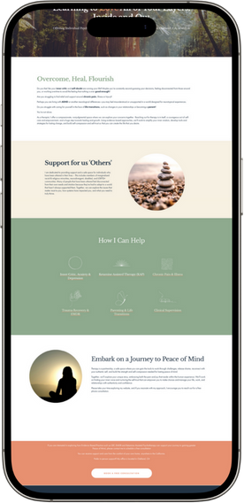 A smartphone displaying a webpage with sections titled "Overcome, Heal, Flourish," "Support us Others," and "Embark on a Journey to Peace of Mind," including images of stones stacked in balance and a silhouette of a person meditating.