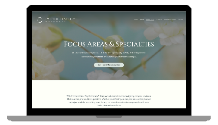 Screenshot of Embodied Soul Practitioners website showing the Focus Areas & Specialties page with a background of white flowers and green leaves.