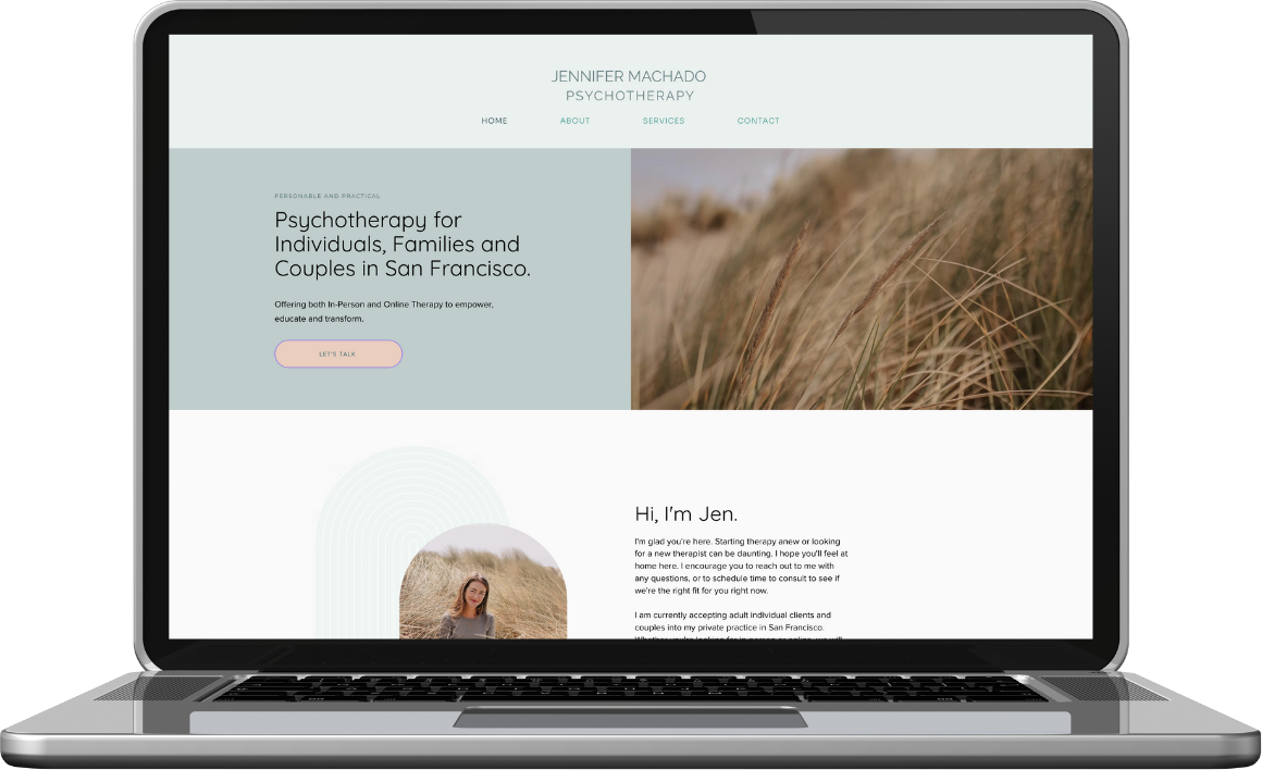 Homepage of a psychotherapy website for Jennifer Machado, with a navigation menu, a welcome message about offering therapy in San Francisco, a photo of a woman in a field, and an introduction from Jen.