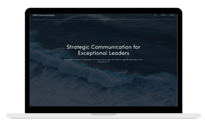 Laptop screen displaying a website with a background image of ocean waves and text that reads, 'Strategic Communication for Exceptional Leaders'.