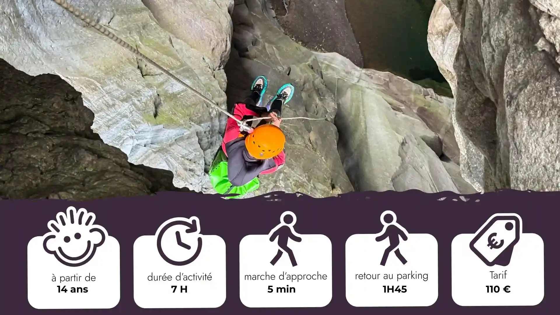 une personne qui descend en rappel dans la chapelle de Cilaos lors du canyon de fleurs jaunes intégral