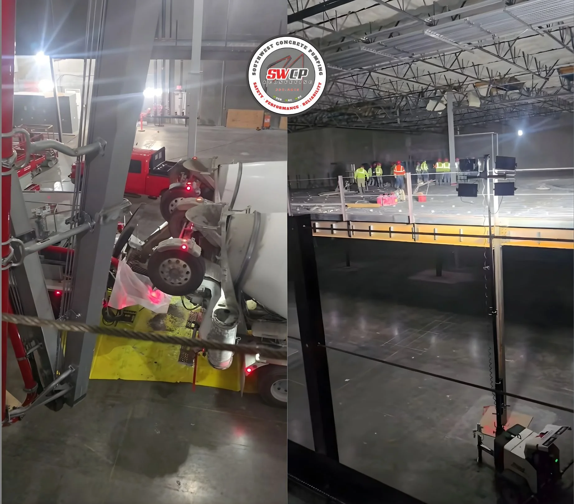 Construction site with machinery, workers in safety vests and helmets, and overhead structure in an industrial building.