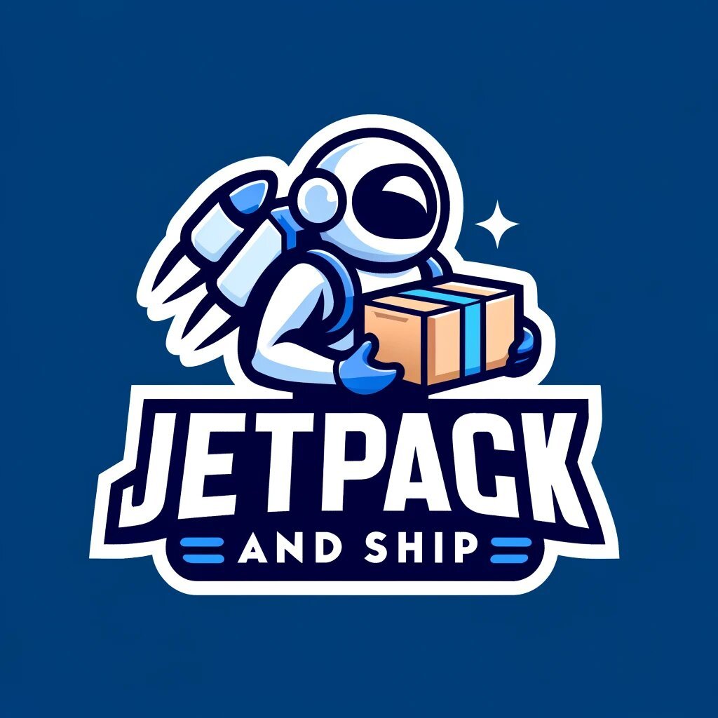 DALL·E 2024-04-05 10.05.28 - A vibrant, extremely clean and simple logo for 'JetPack and Ship', a shipping store. The logo includes a character with a jet pack holding a shipping .jpg
