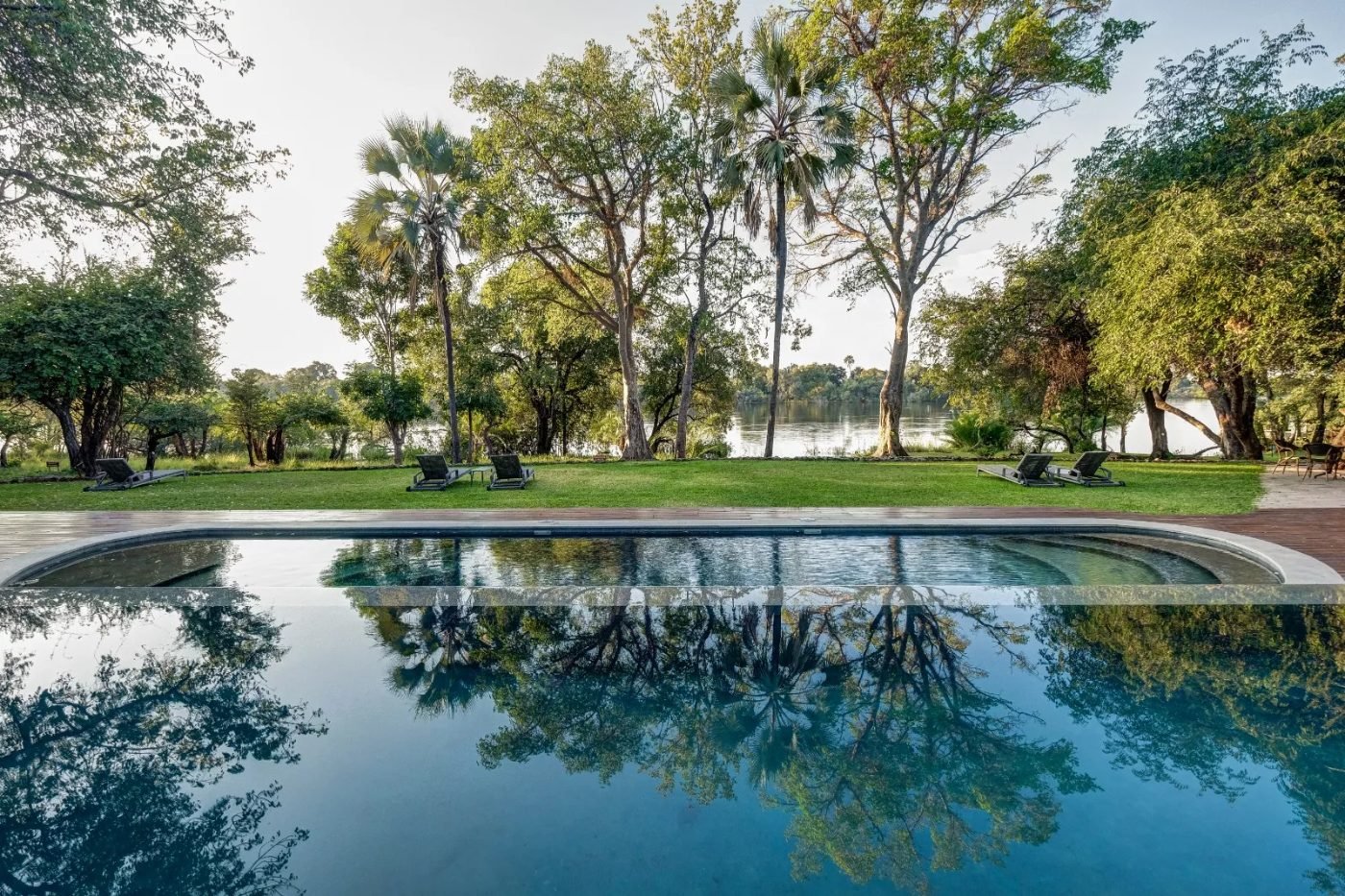 The infinity pool at The Palm River Hotel, looking onto the Zambezi