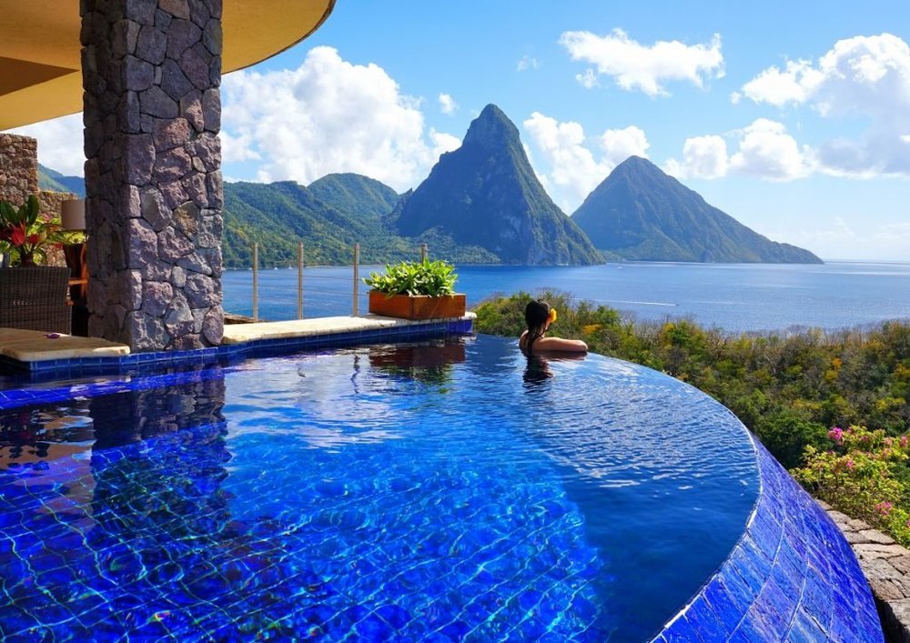 An infinity pool looking out to the Pitons at Jade Mountain, St Lucia