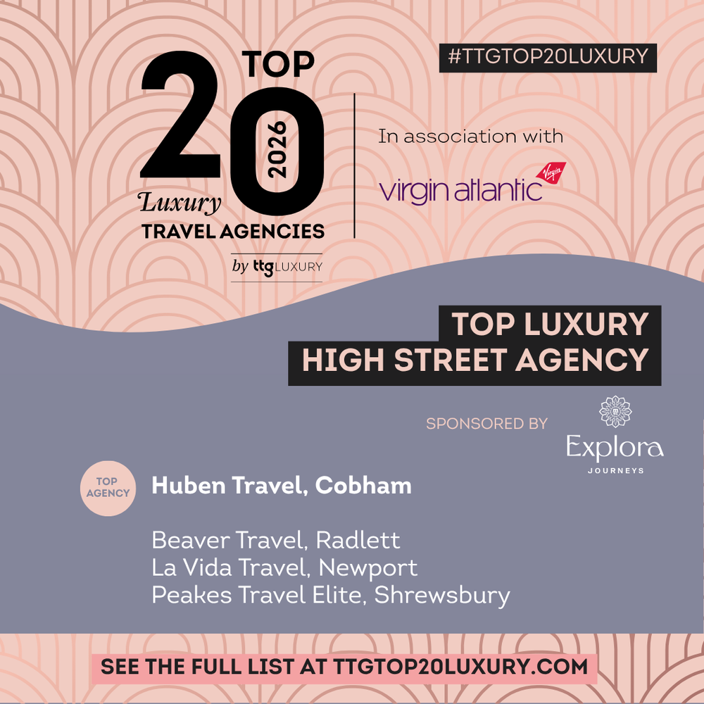 TTG Top 20 Luxury Travel Agencies 2026 graphic naming Huben Travel, Cobham, Top Luxury High Street Agency