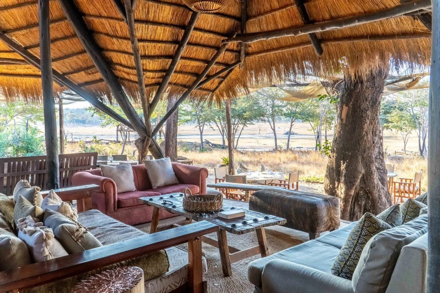 The thatched main lounge at Sable Valley, looking out over the Dete Vlei