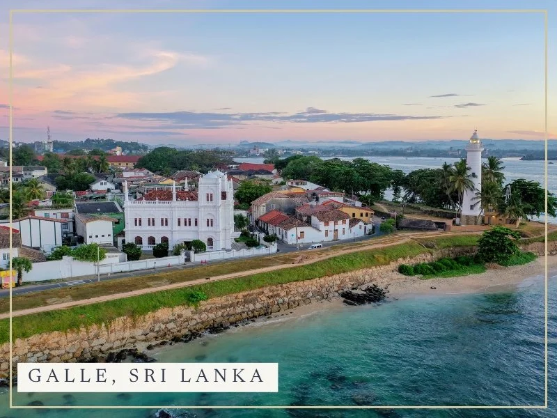 Galle Fort and its lighthouse on the coast of Sri Lanka at sunrise