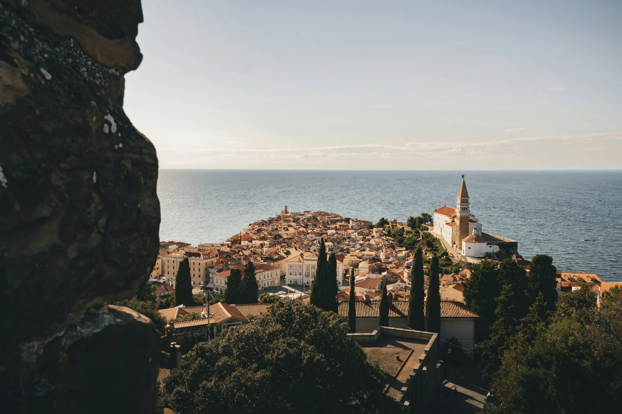 Looking down over the terracotta rooftops and church tower of Piran on the Slovenian coast at golden hour
