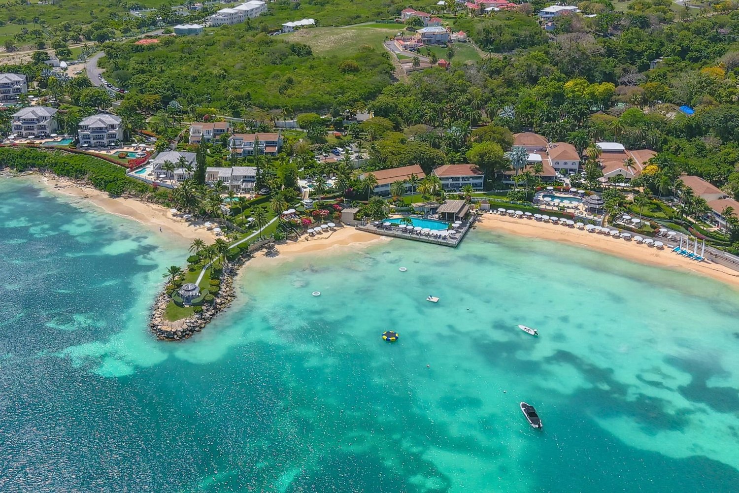 Aerial view of Blue Waters resort and its beaches in Antigua