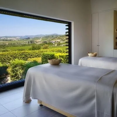 A hotel room with a view over vineyards and hills