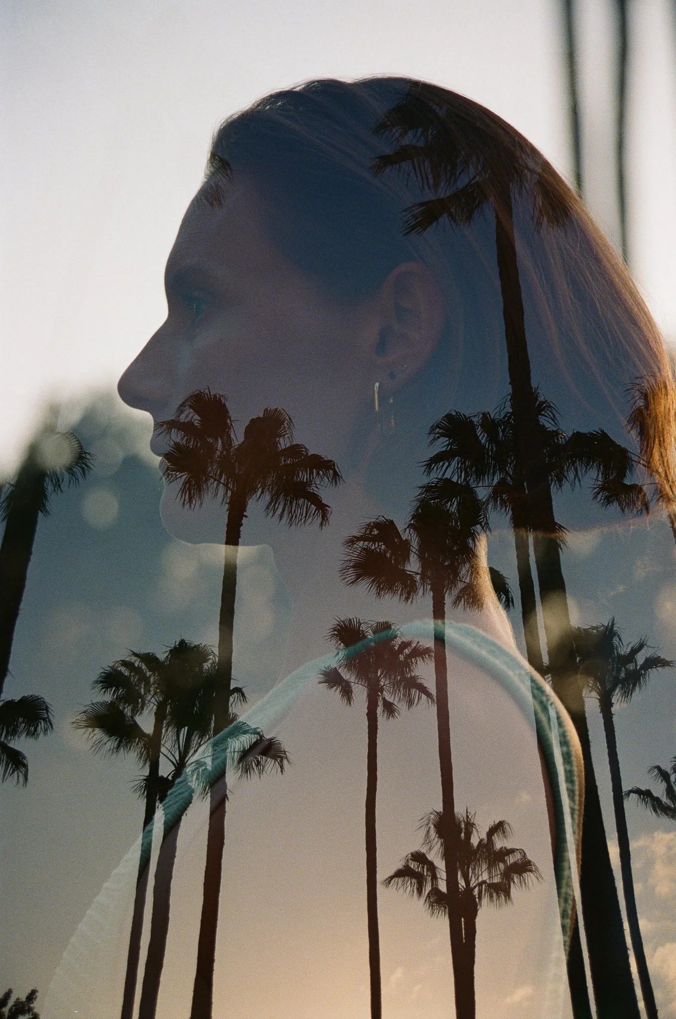 A double exposure photograph of a woman with dark hair, showing her silhouette against a background of tall palm trees and a sunset sky.