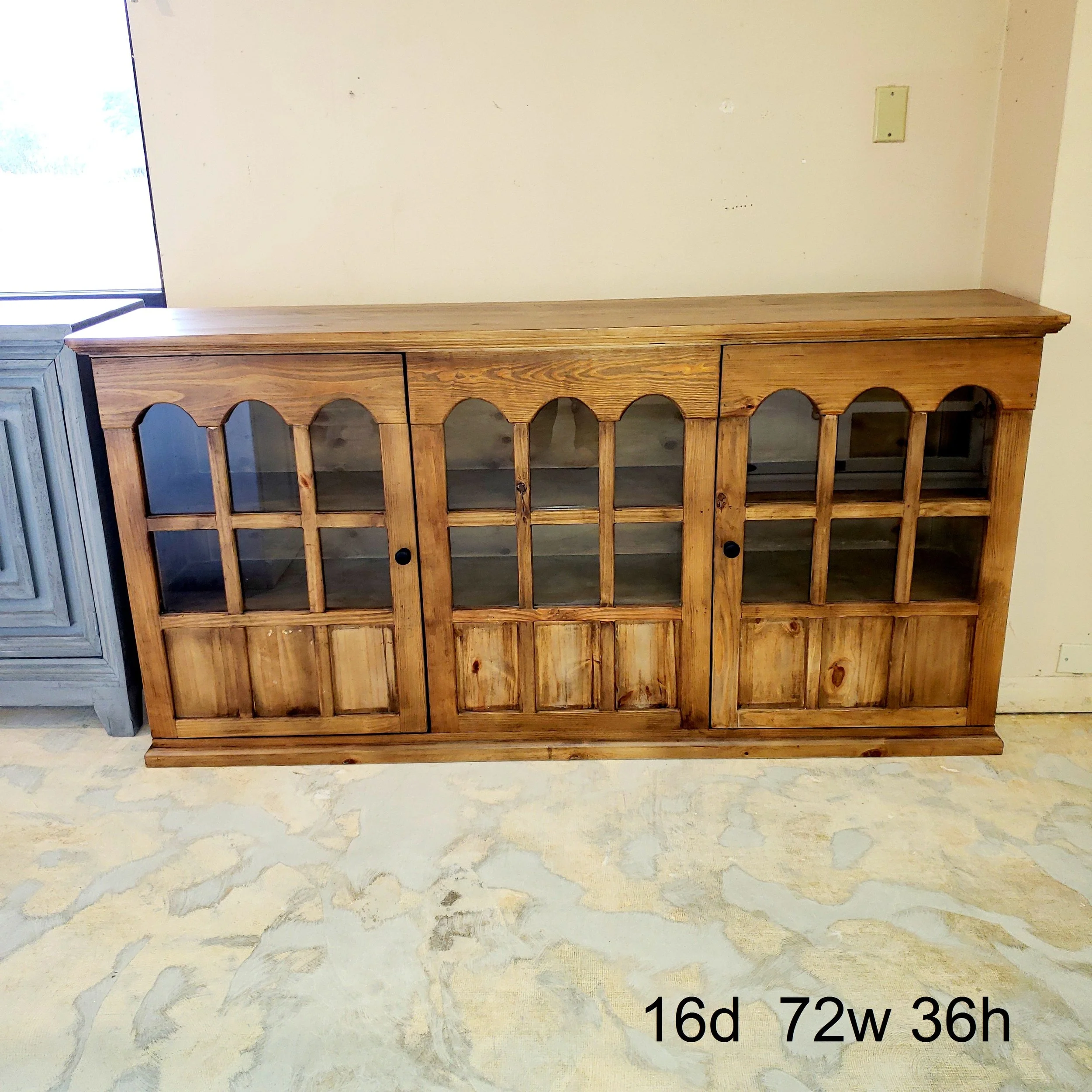 Solid Wood rustic new cabinet/glass/distressed /Wrought  iron