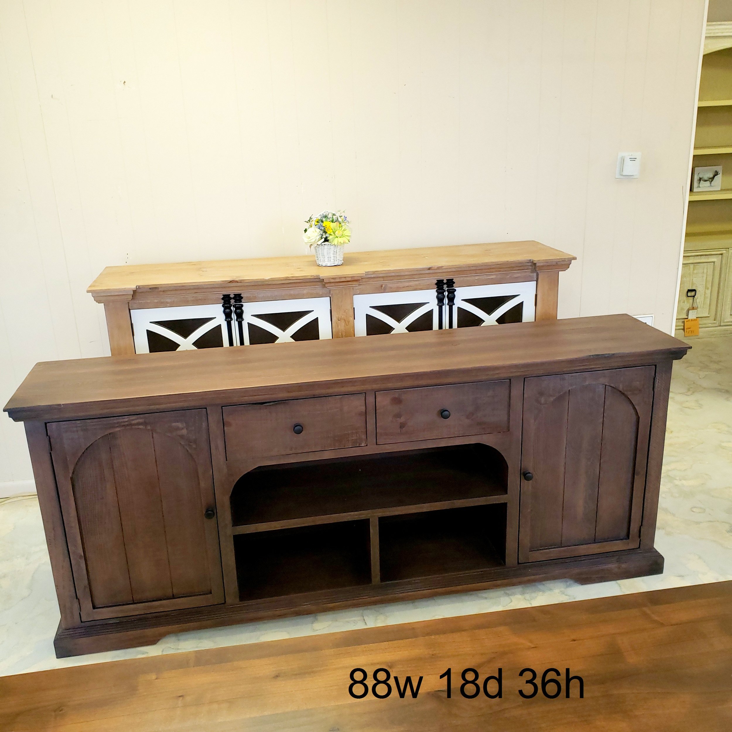 Solid Wood rustic new TV stand cabinet/distressed /Wrought  iron/glide draw/heavy wood