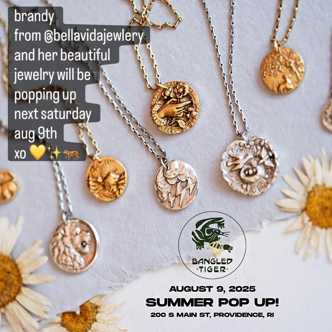 so excited to host a pop-up with our friend brandy and her boutique @bellavitajewelry, all the way from little rock, arkansas! ✨
she&rsquo;s bringing a curated taste of her shop to providence - including handcrafted bronze pendants from antique butto