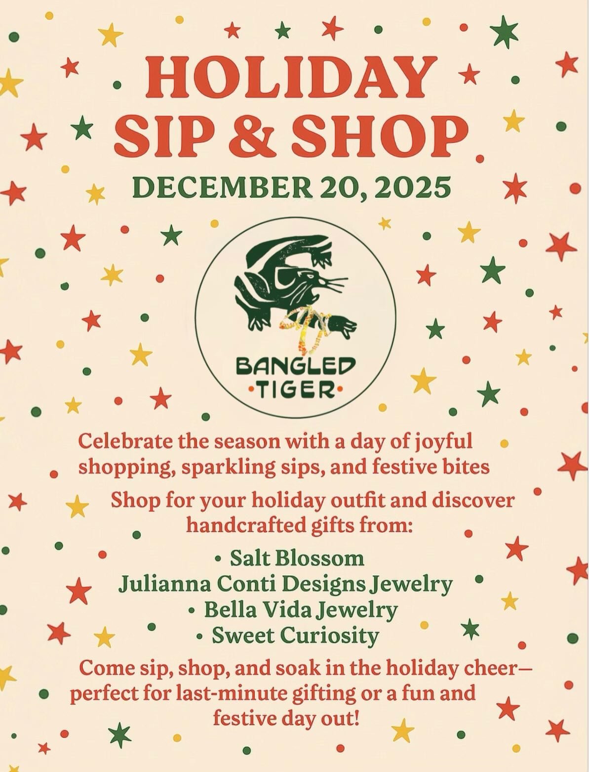 ✨come support not one, but 5 small businesses this saturday✨ we are hosting a holiday sip &amp; shop with some of our favorites. 
we&rsquo;ll have @saltblossom_ , @juliannacontidesigns , @sweet.curiosity @bellavitajewelry - some bubbles, perfect gift