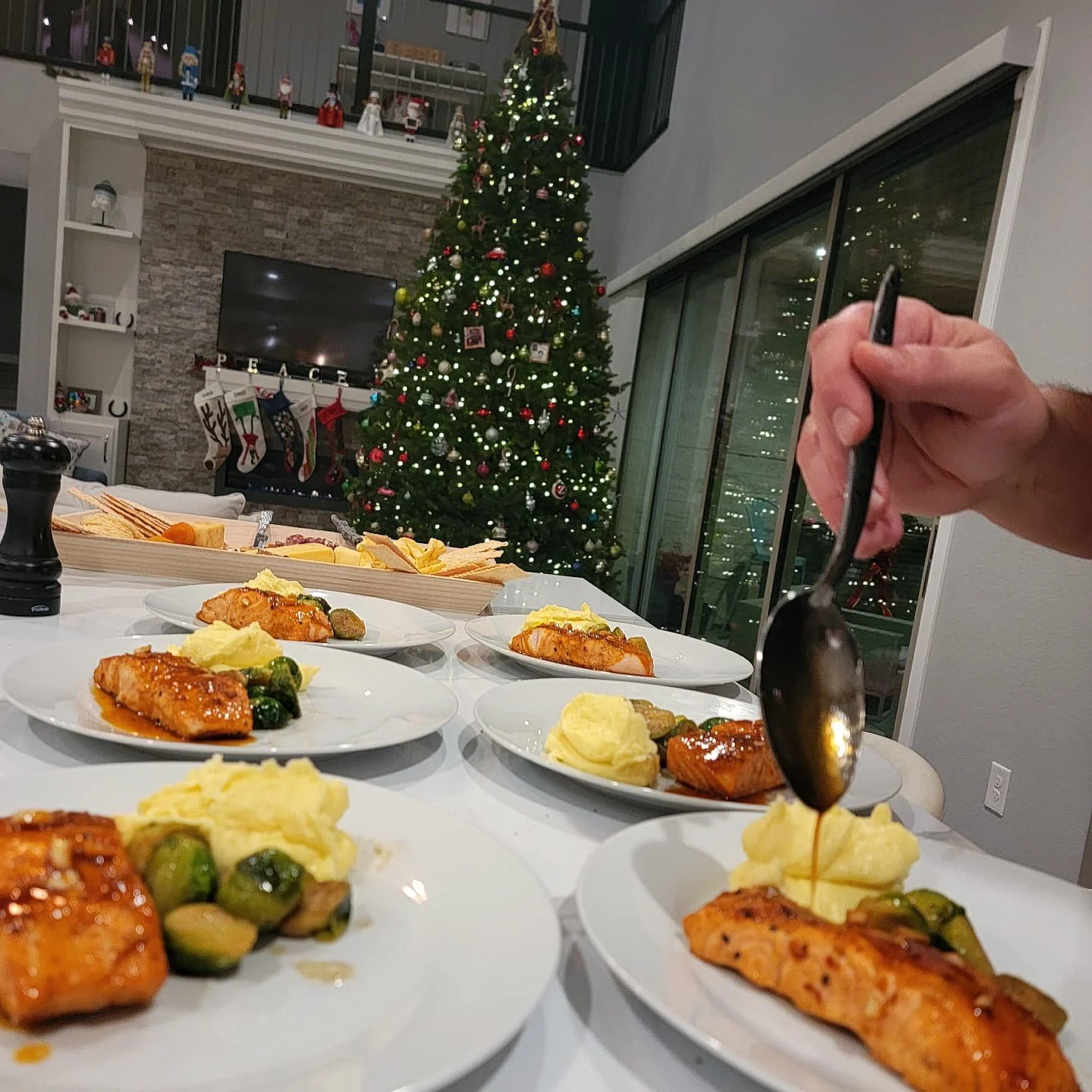 Salmon with whipped potatoes and Brussels sprouts prepared for a festive holiday dinner – seasonal catering for holiday parties in Denver