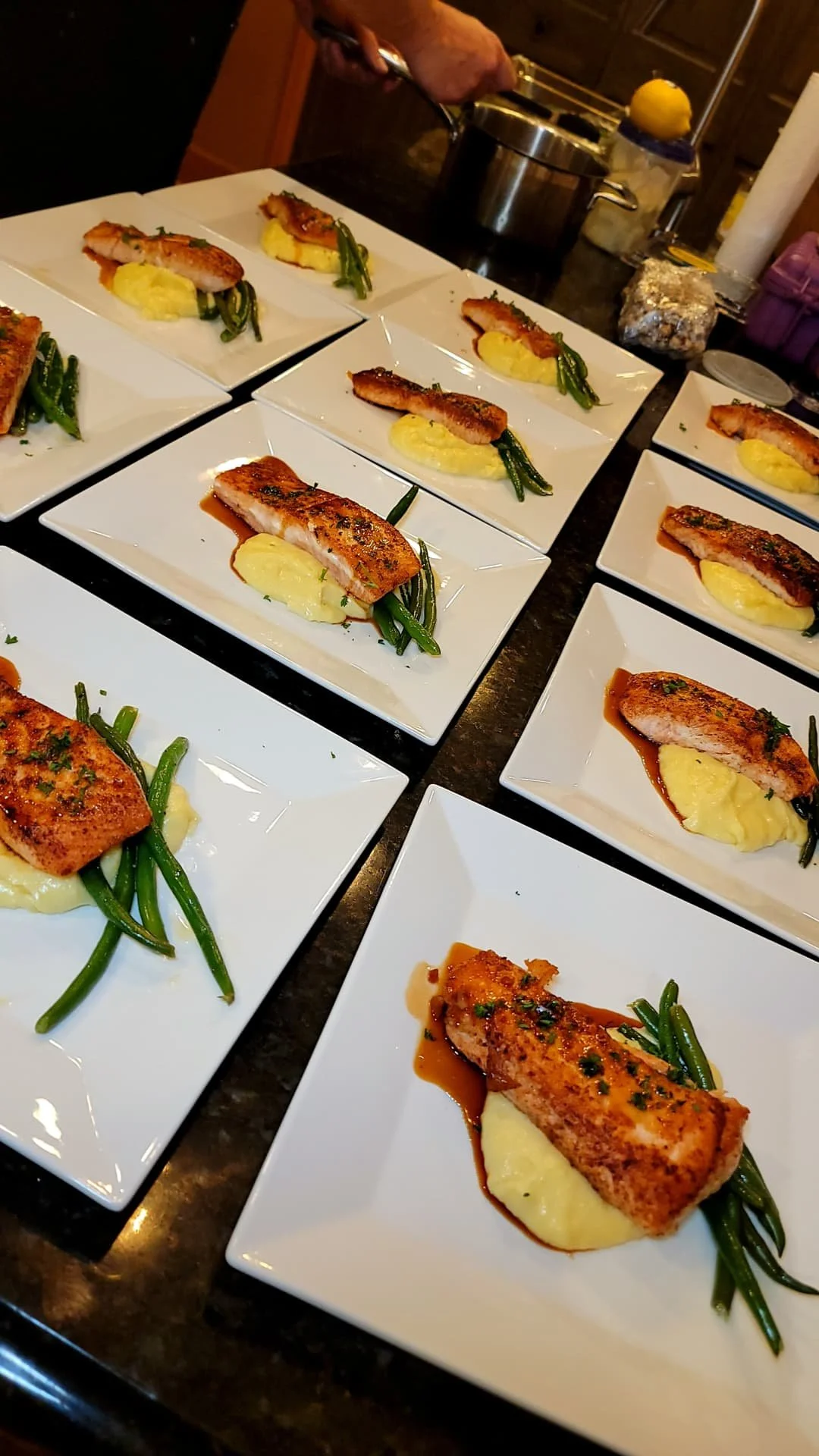 Seared salmon with whipped potatoes and green beans – elegant main course for private chef events and in-home dinner parties
