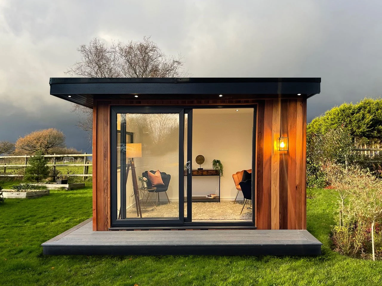  Outdoor workspace with sliding door and patio. 