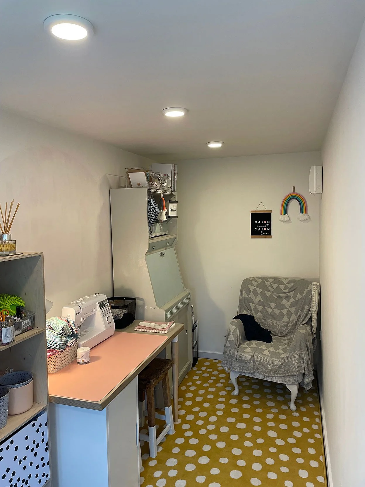  Cozy workspace with desk and chair. 