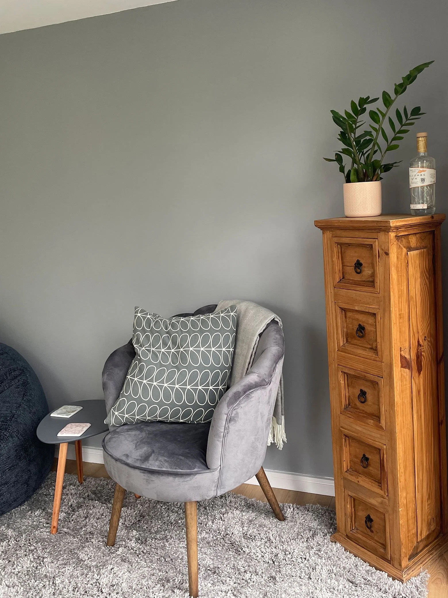  Sleek grey living room featuring a chair, table, and a plant for a modern and cozy ambiance. 