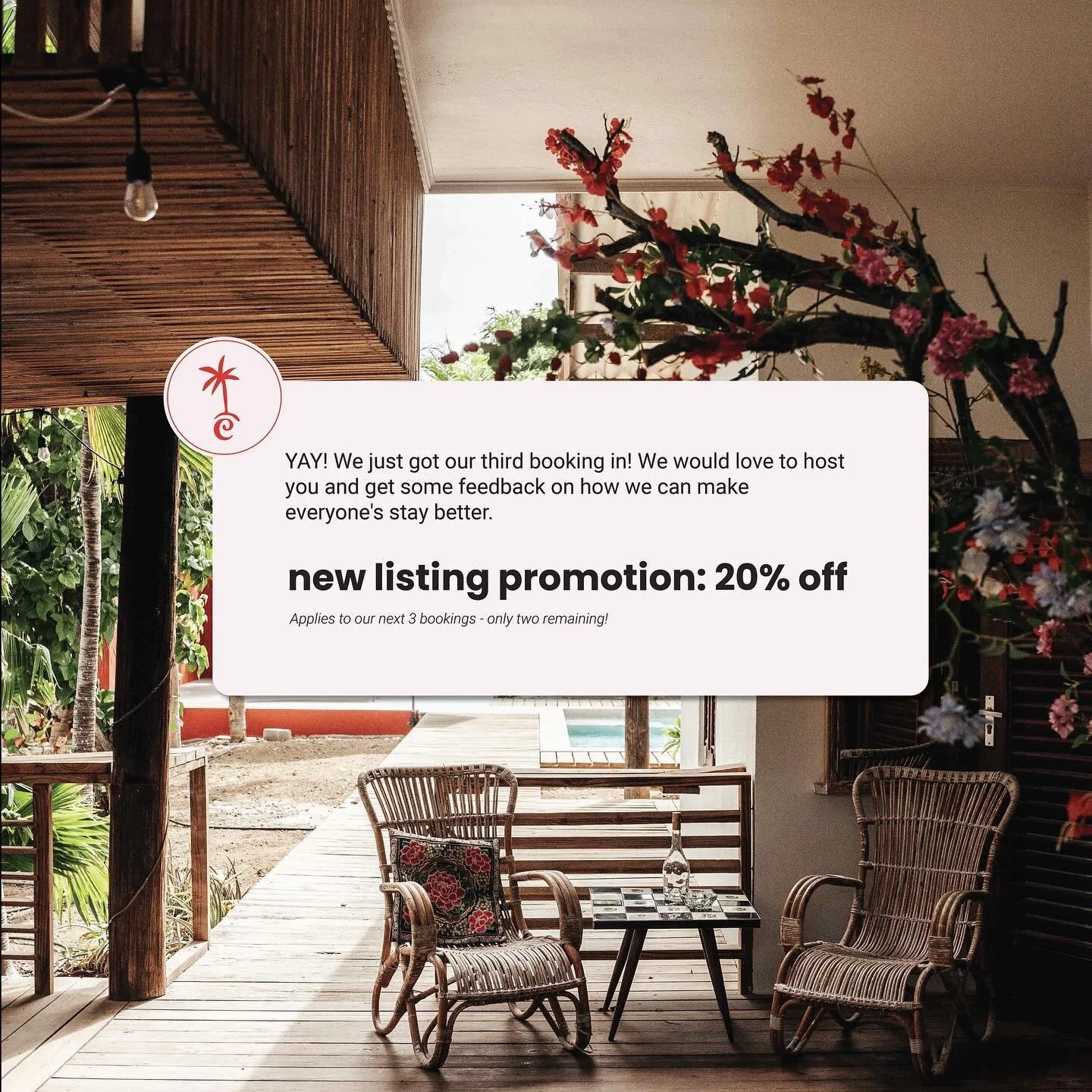 #DearJackie - YAY! We just got our third booking in!! Since we just renovated the house, we would love to get some feedback on how we can make everyone stay better so have decided to extend our &ldquo;new listing promotion&rdquo;. 20% discount on you