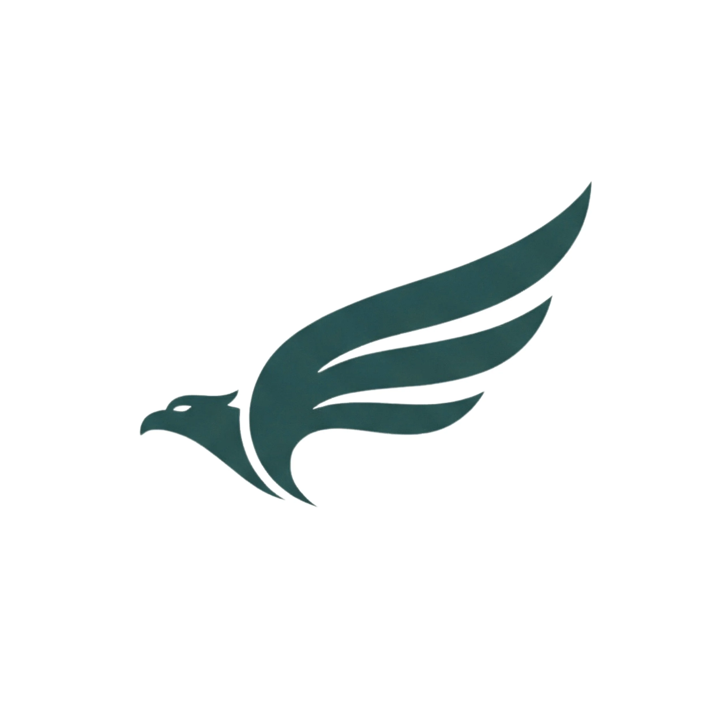 Minimalist dark green bird with extended wings, stylized in a modern, angular design on a white background.