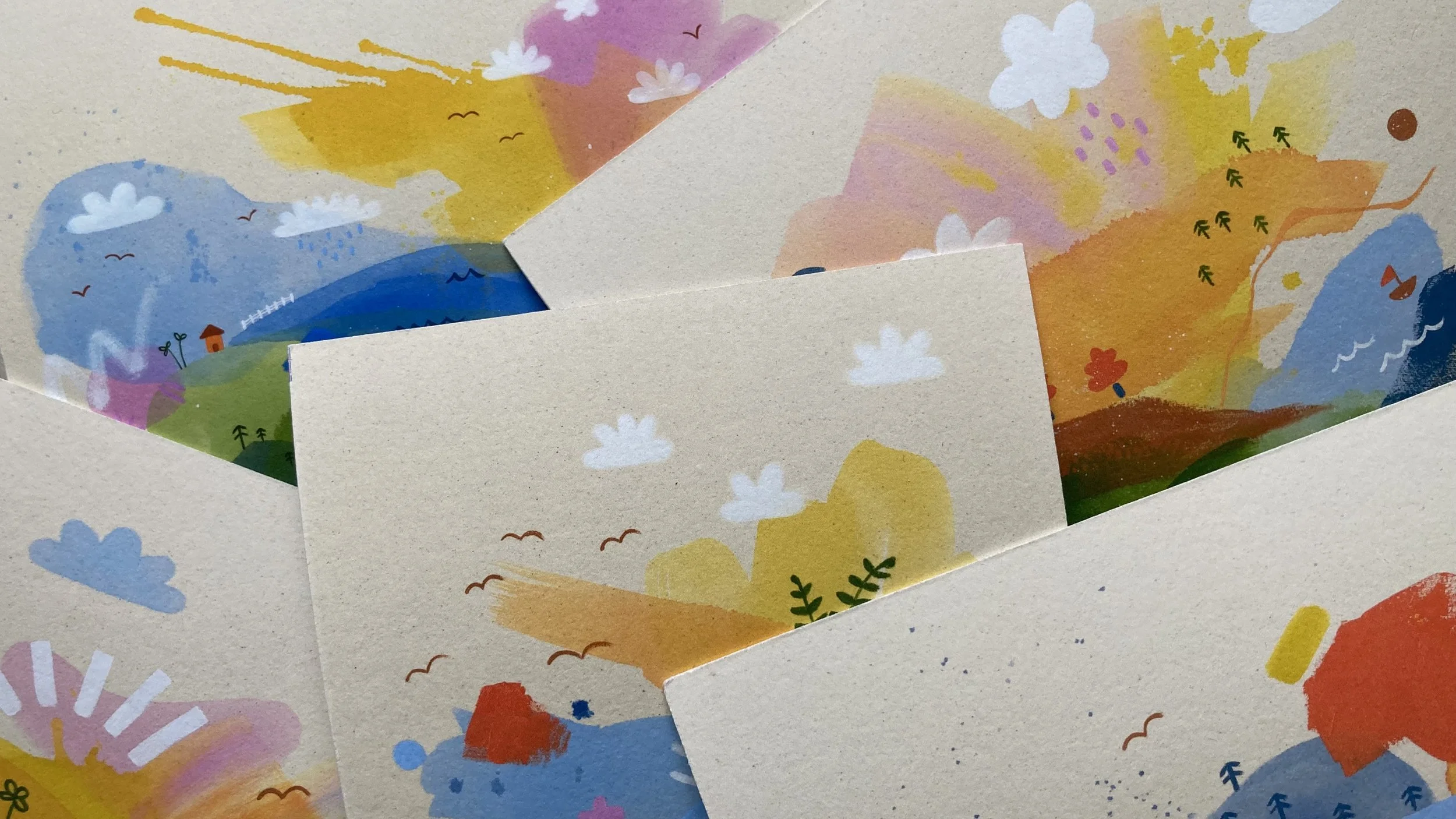 Several colorful abstract landscape paintings by Elbé arranged in overlapping layers