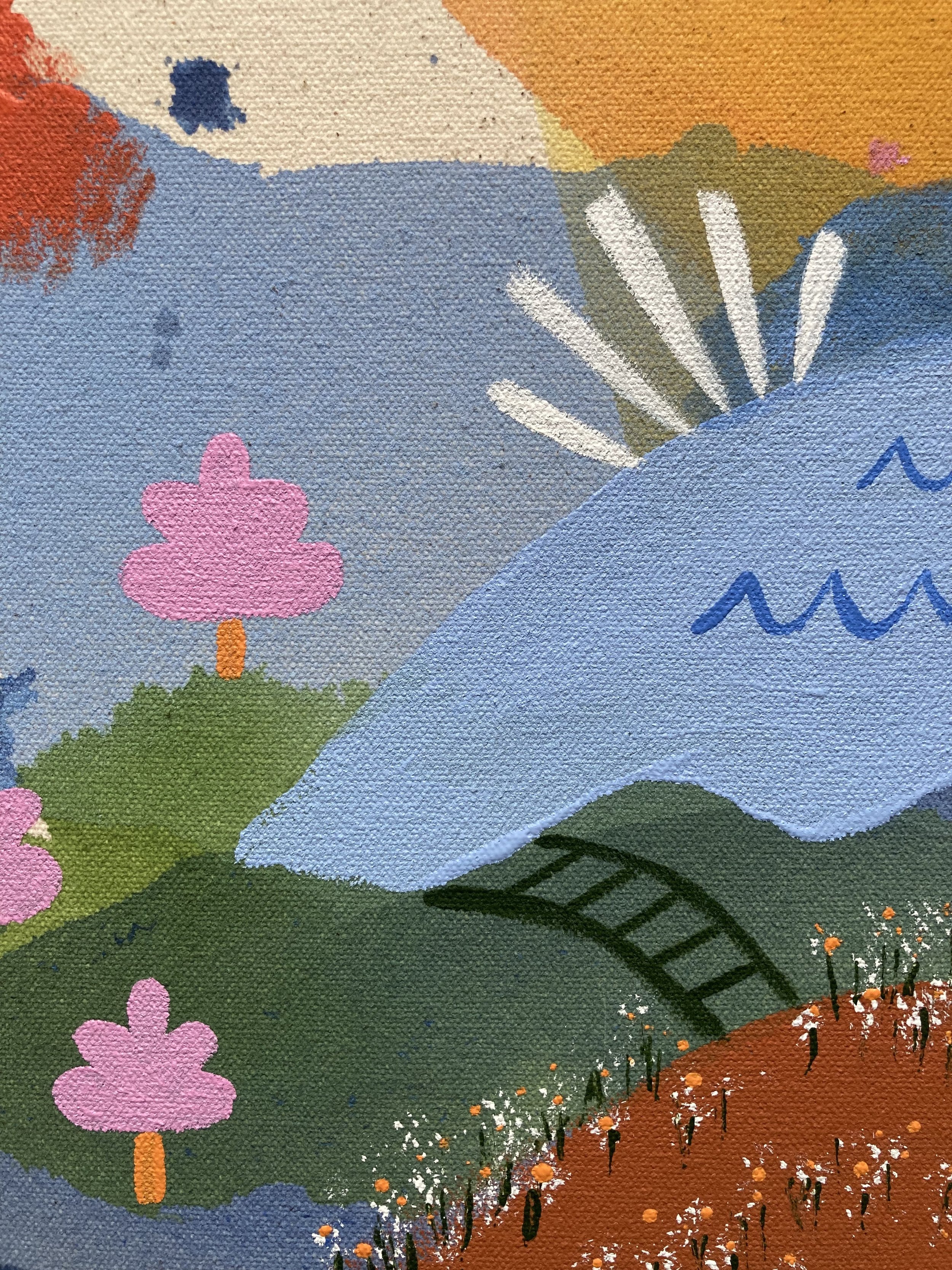 Detail of a colorful landscape painting by Elbé featuring blue mountains and pink trees