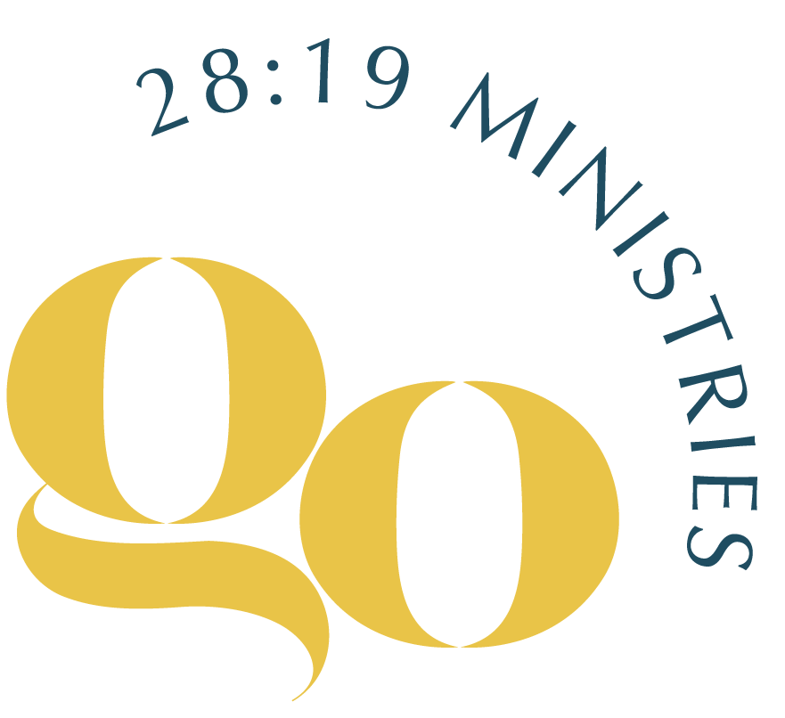 Graphic with large yellow 'GO' letters and surrounding text '28:19 MINISTRIES' in blue curved above.