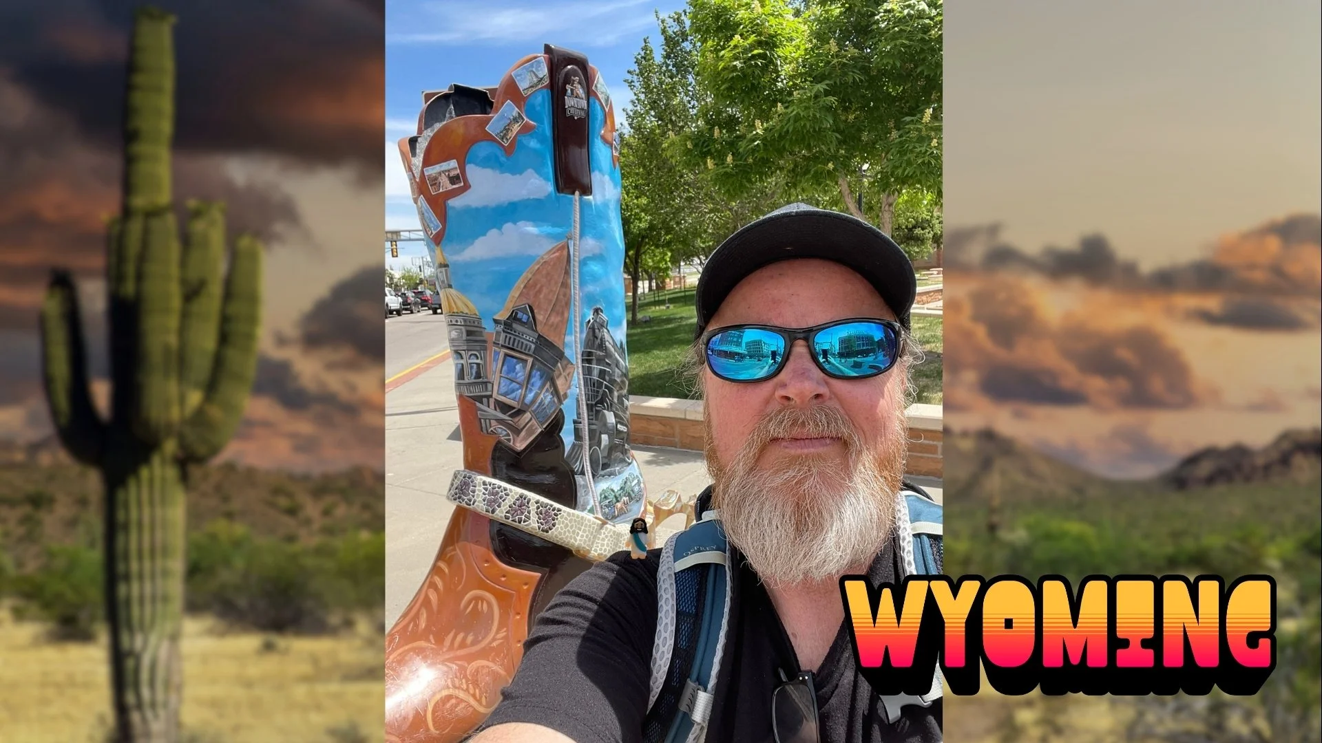 Person taking a selfie next to a large painted decorative cowboy boot sculpture, with Tiny Jesus on his shoulder. Text reads WYOMING.