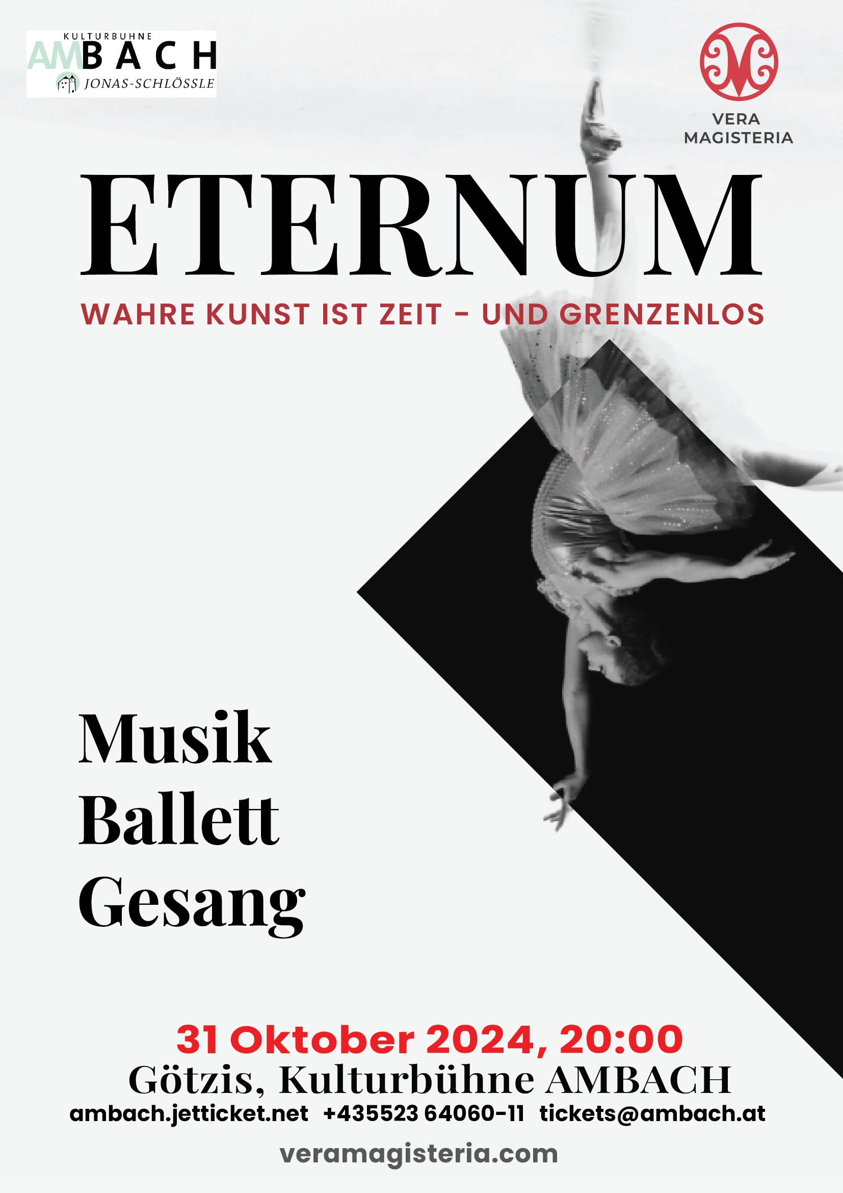 Veranstaltungsplakat für das Theaterstück "Eternum" mit Musik, Ballett und Gesang, Fotos von einem Balletttänzer in Schwarz-Weiß, Datum 31. Oktober 2024 um 20:00 Uhr, Veranstaltungsort Kultur Bühne Ambach, Kontaktinformationen und Website.