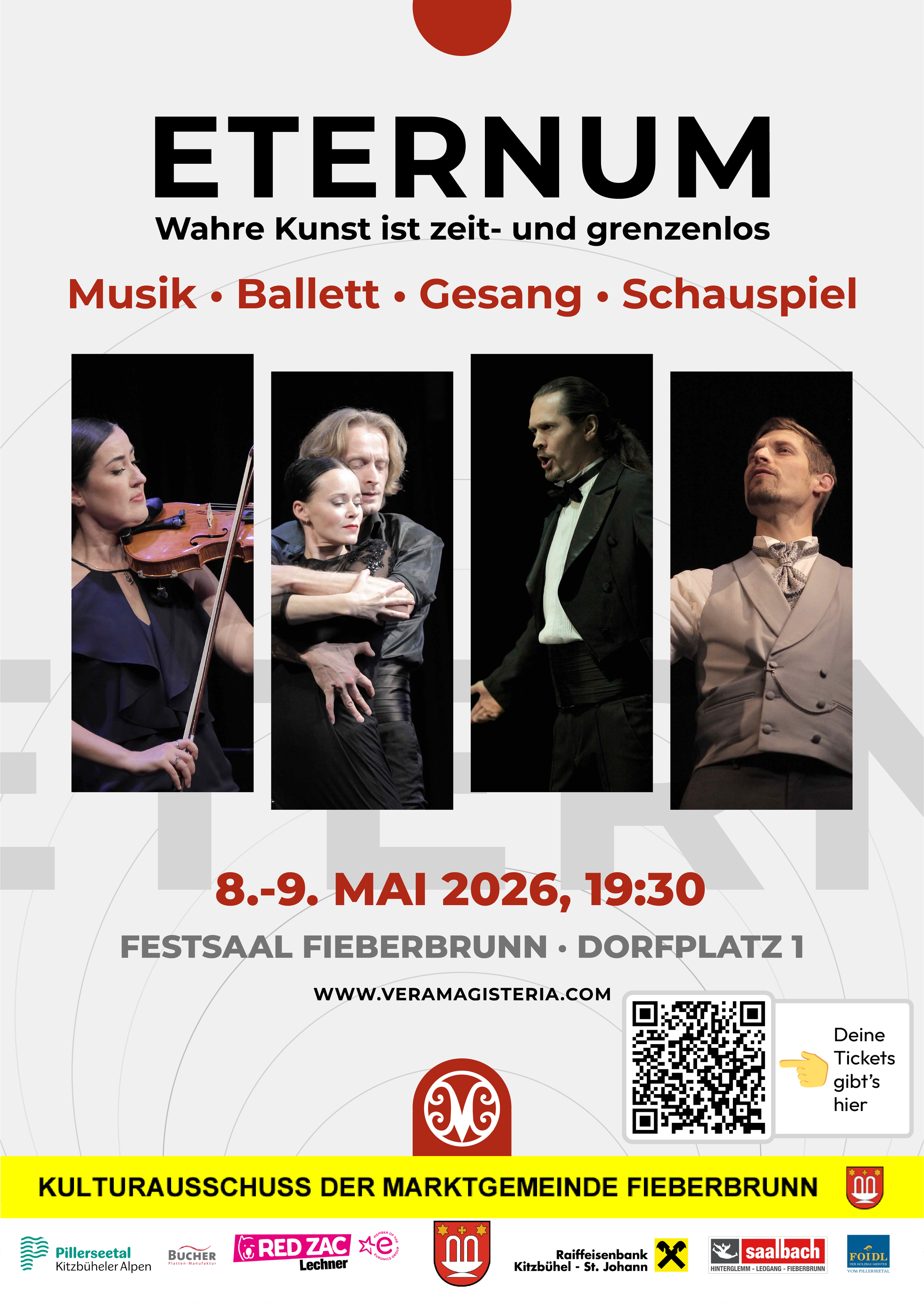 Plakat des Konzert-Performances ETERNUM in Fieberbrunn: Operngesang, Ballett und Theater vereint auf einer atmosphärisch beleuchteten Bühne; Datum, Uhrzeit und Veranstaltungsort sind angegeben.