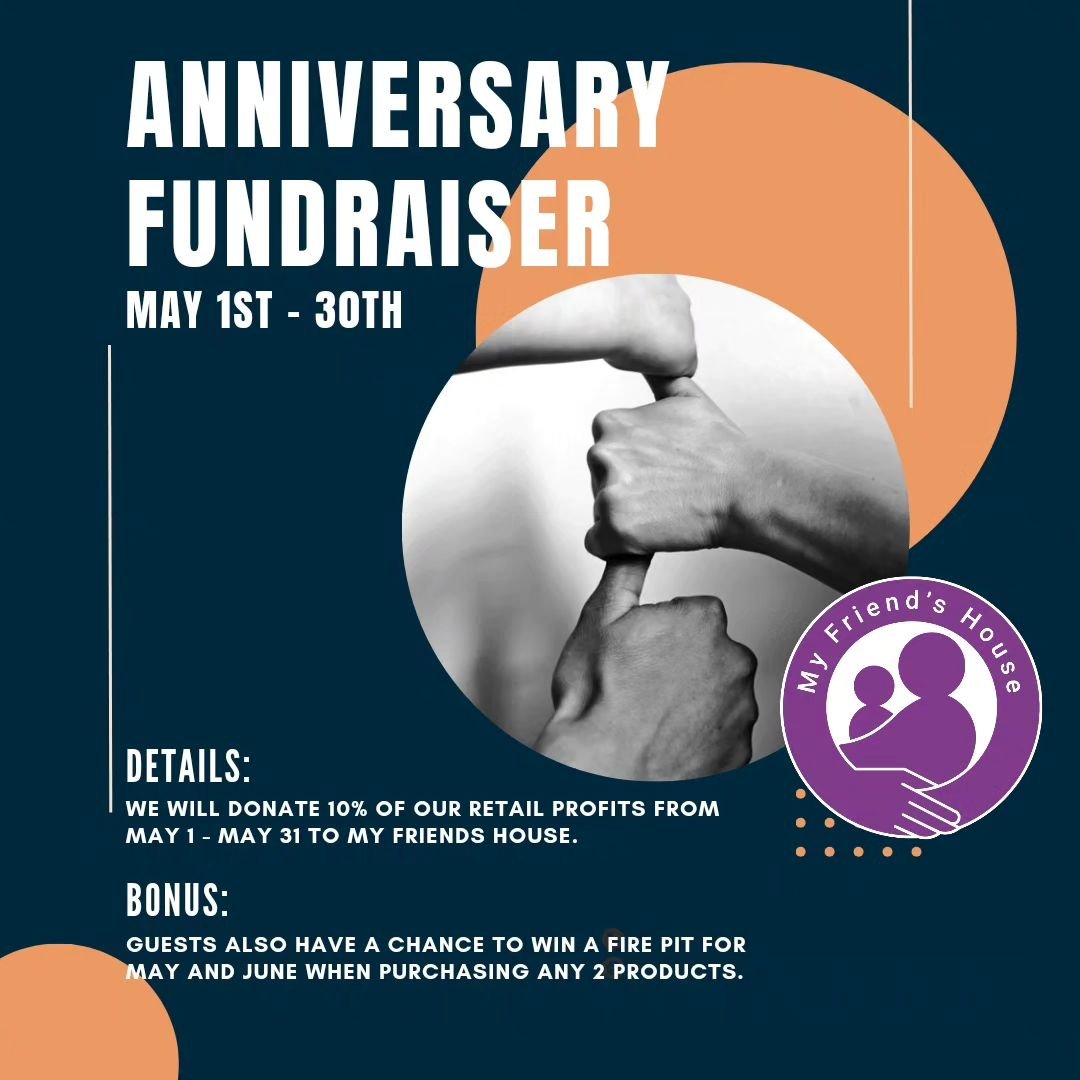 Hello May!! We have big plans for our anniversary month! We hope you will help us show our support to an amazing program @myfriendshousecollingwood

We will donate 10% of our profits from May 1 - May 30 of retail sold to My Friends House. 

Clients a