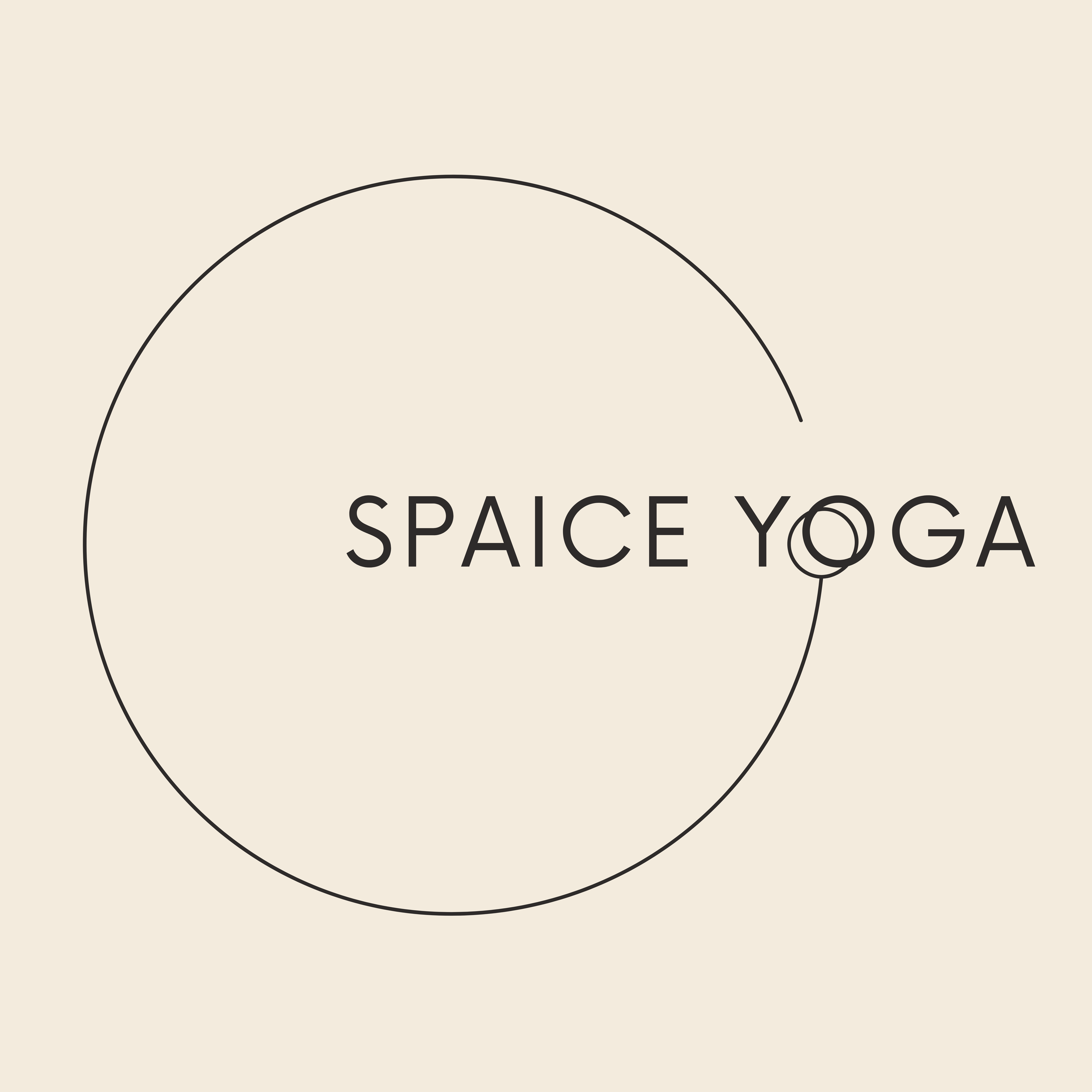 SPAICE YOGA text encircled by a thin circle and a subtle infinity motif.
