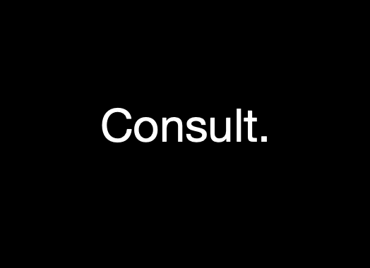 The image displays the word 'Consult.' in white font on a black background.
