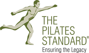 Graphic of a person performing a Pilates move with text 'The Pilates Standard' and slogan 'Ensuring the Legacy'.