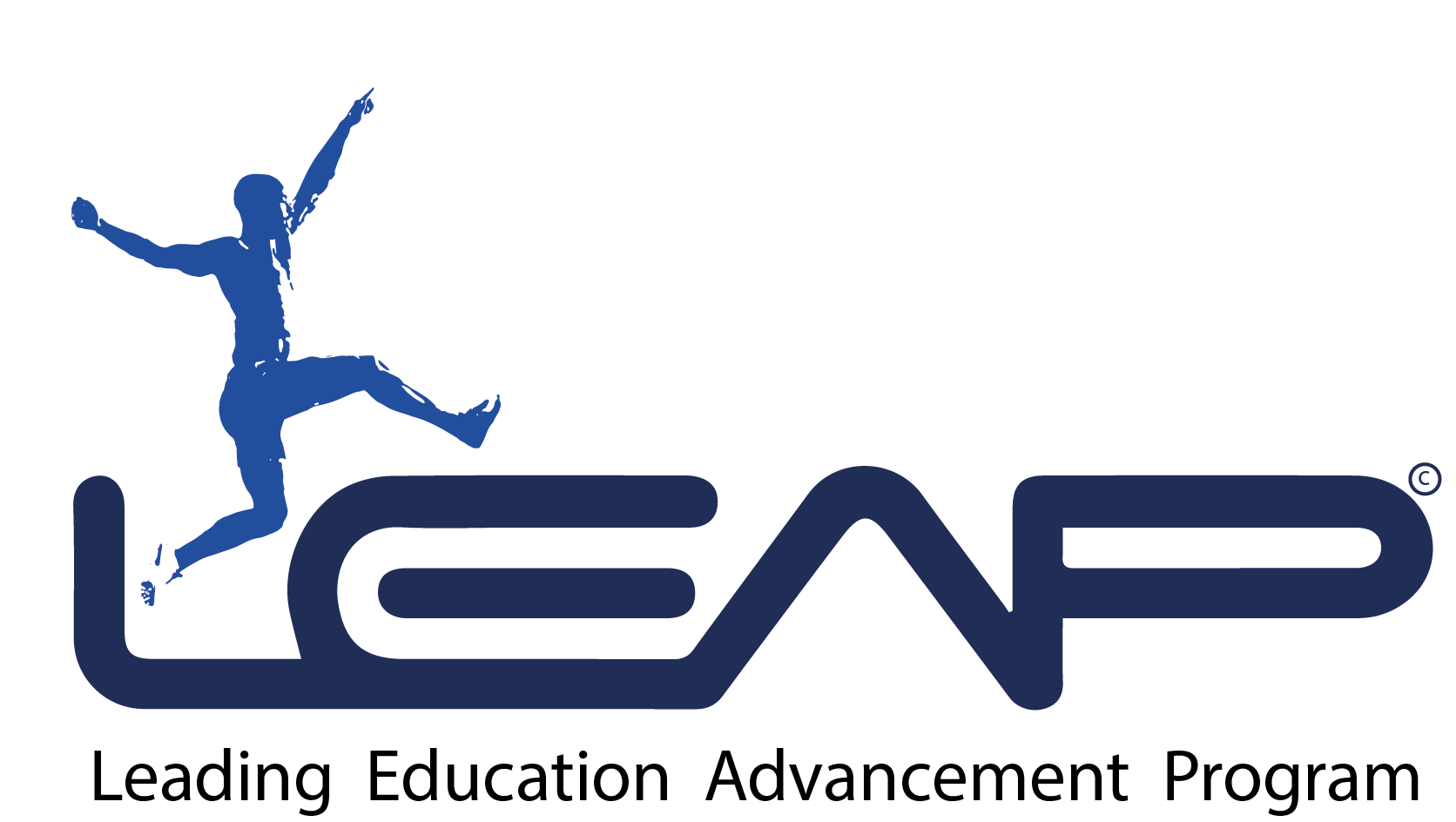Logo for LEAP featuring a stylized blue silhouette of a person jumping over the word 'LEAP' in navy blue stylized letters.