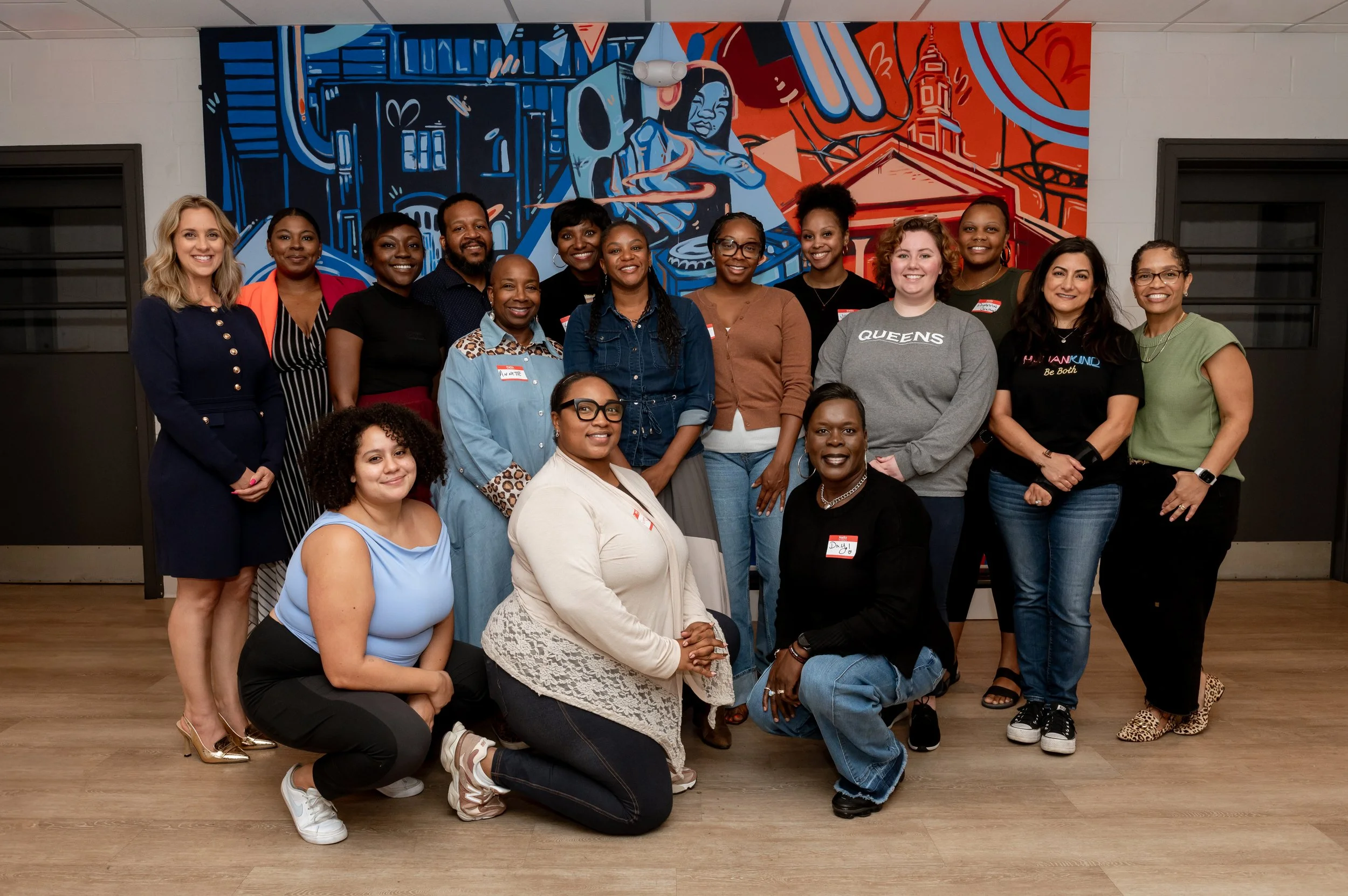 Jennifer Moxley of Sunshine Media teaches an in person Civic Impact Academy workshop on communication and media relations 2025. The entire class is gathered for a group photo.