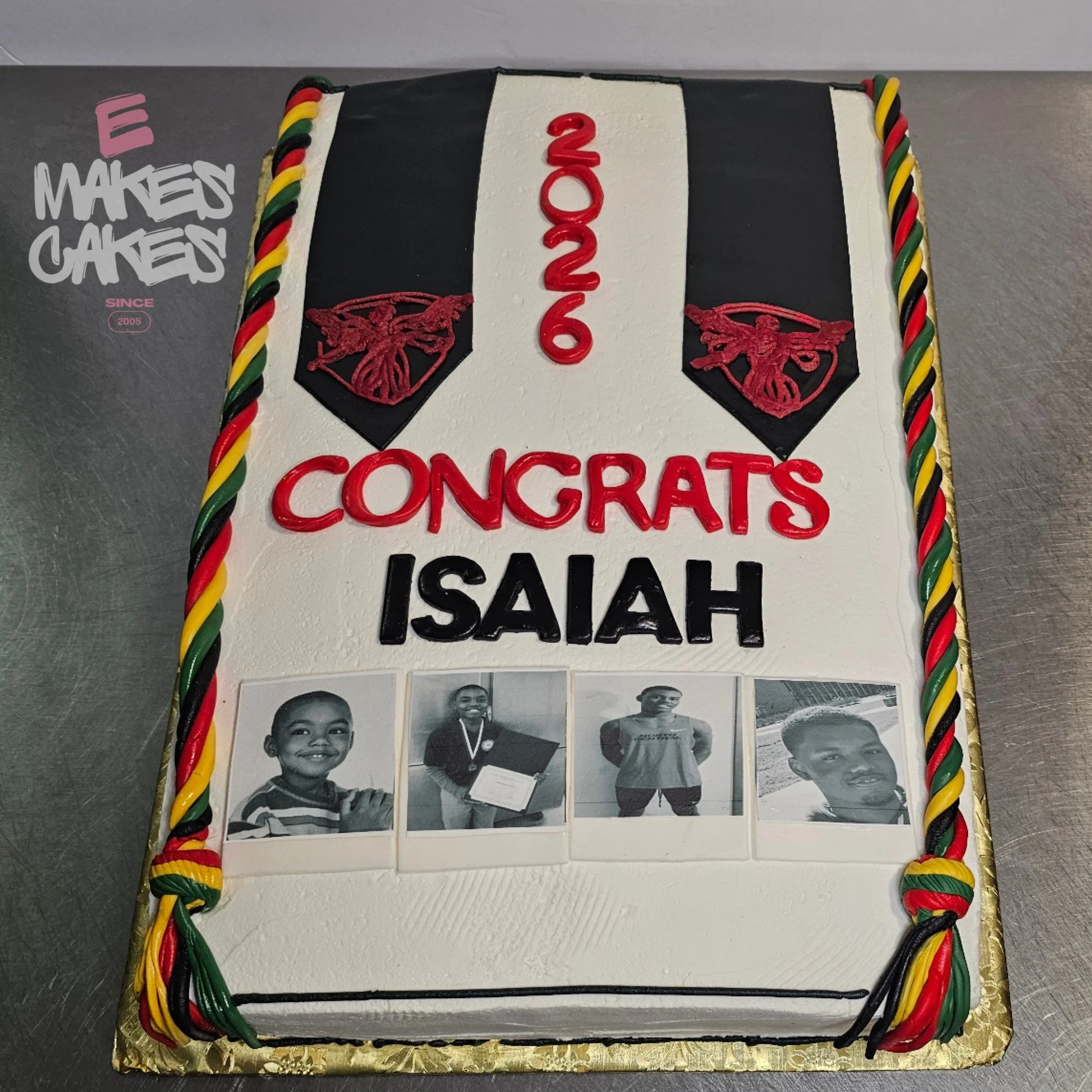 Buttercream grad cake with fondant cord and sash