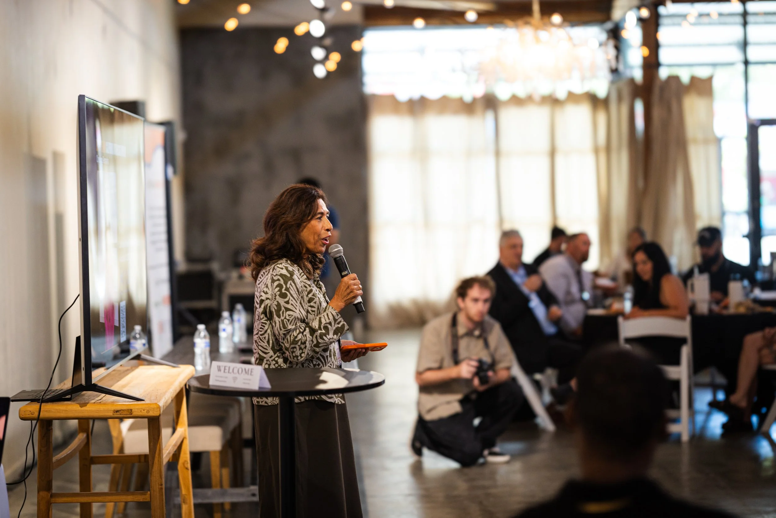 Business owners and founders collaborating during the Meta and Chicostart AI workshop at The Westport in Downtown Chico.