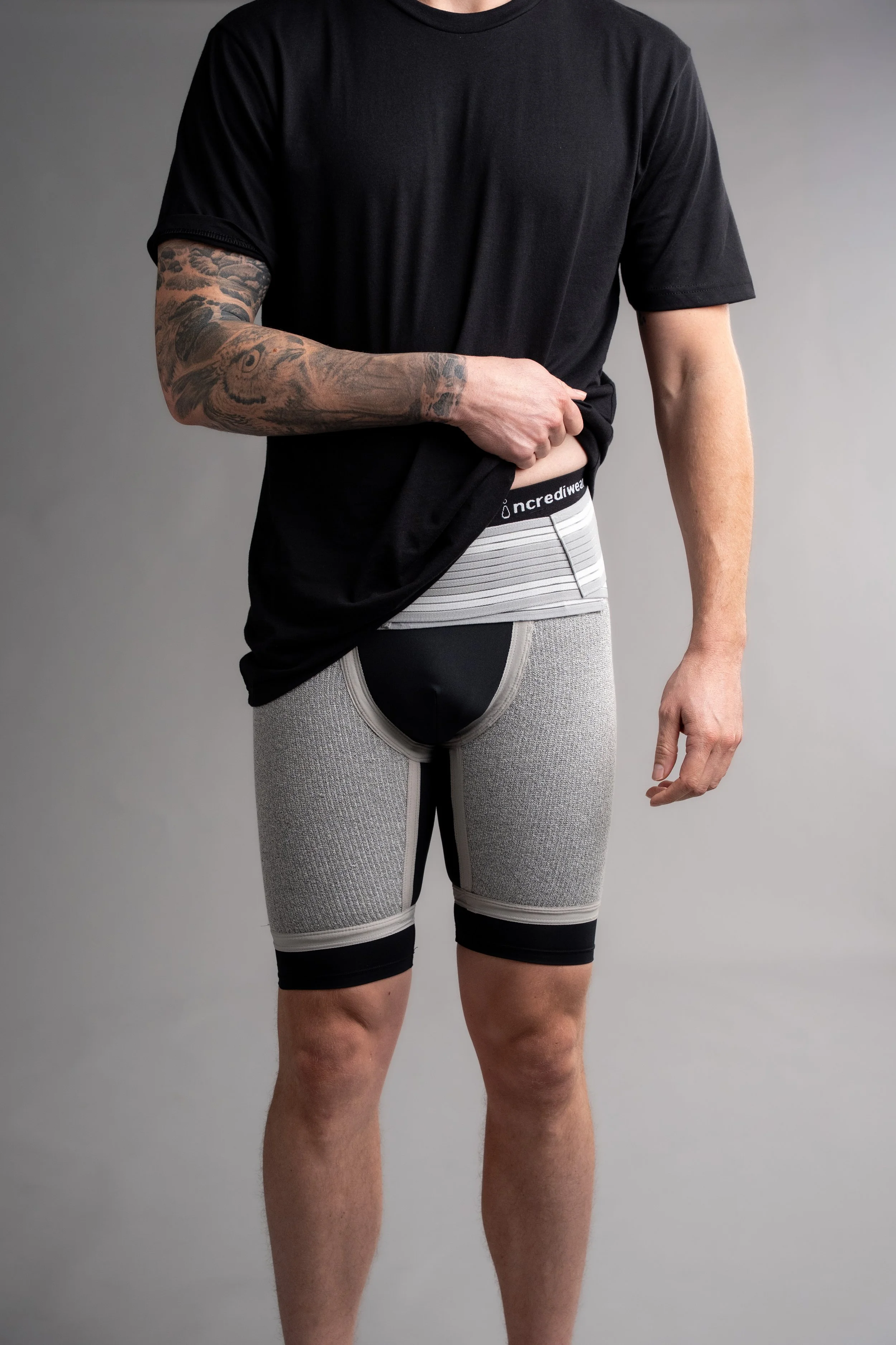 Model standing wearing Incrediwear support facing camera for photoshoot at the westport