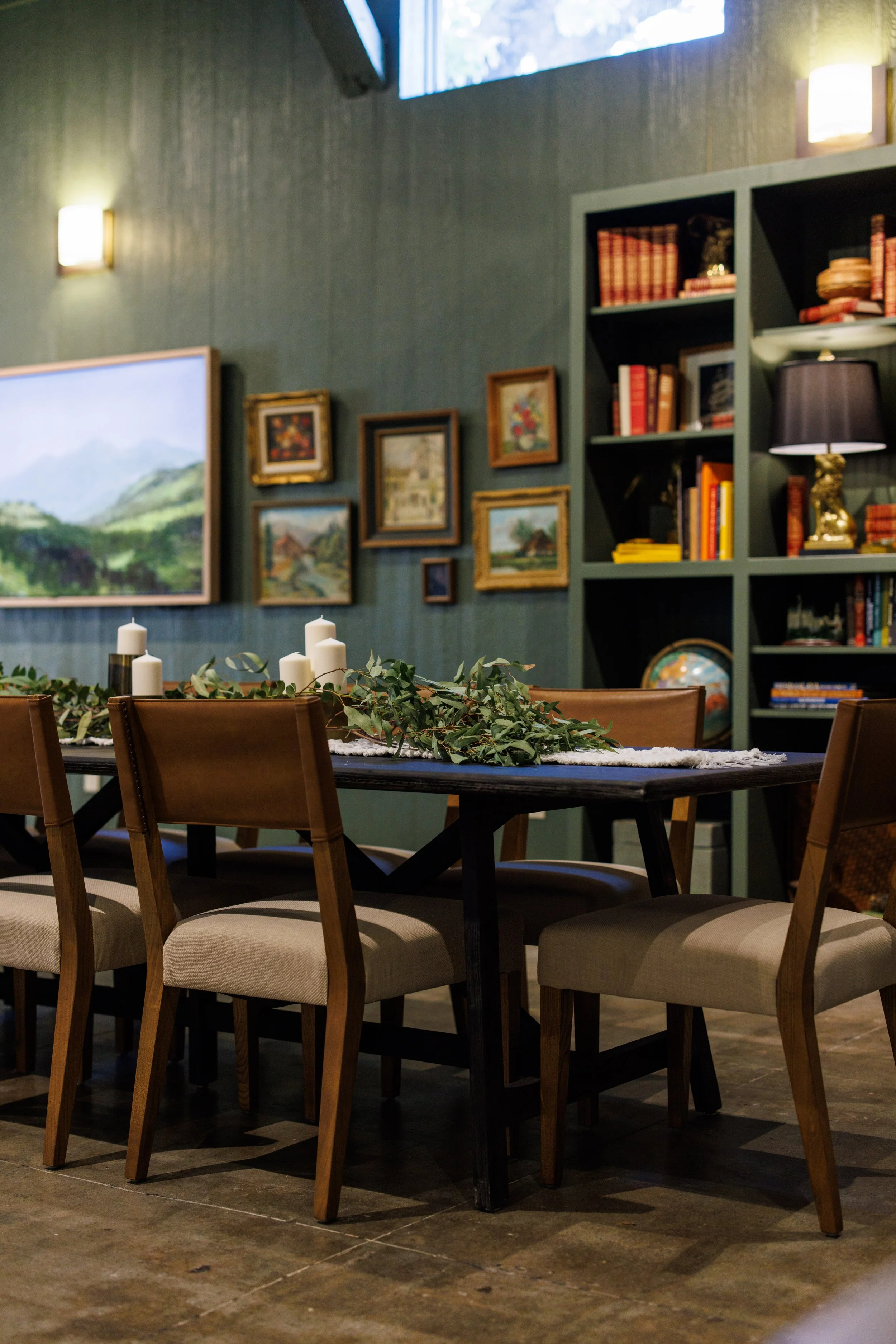 The Library's green art gallery walls bring calm and inspiration to every workshop and meeting in the Library at the Westport in downtown Chico