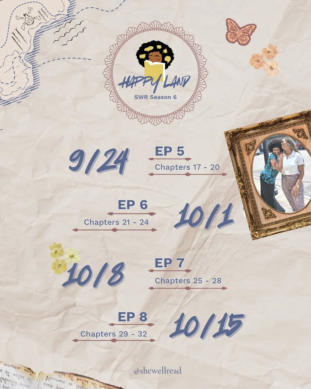 The Happy Land reading journey continues 🌺 Here&rsquo;s the updated timeline with episode drop dates + chapters so you can read along with us 🎧 Save this post and tap in to the pod&mdash;what are your thoughts on the book so far?

#SWRSeason6 #shew