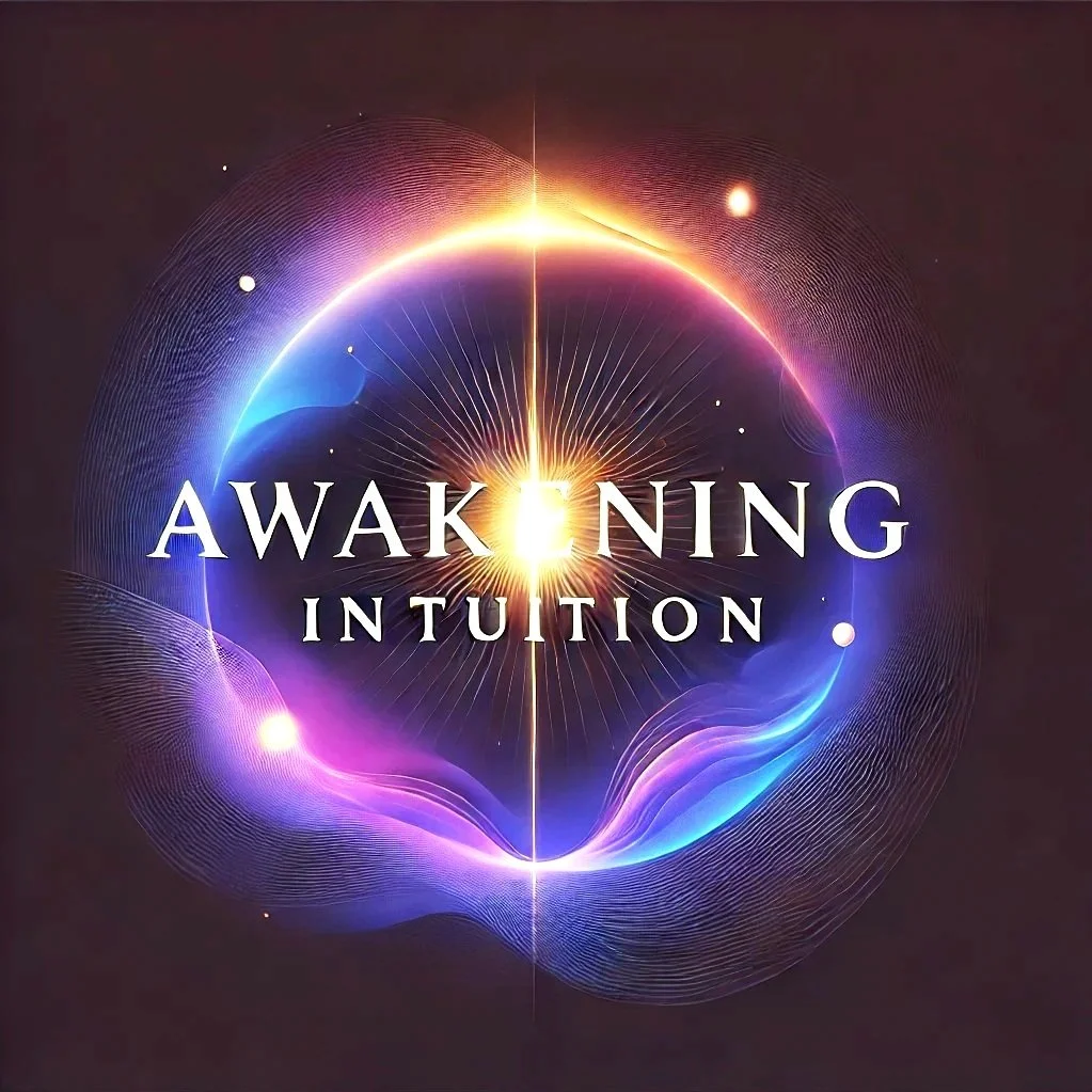 "Awakening Intuition" text within glowing abstract light design on dark background.