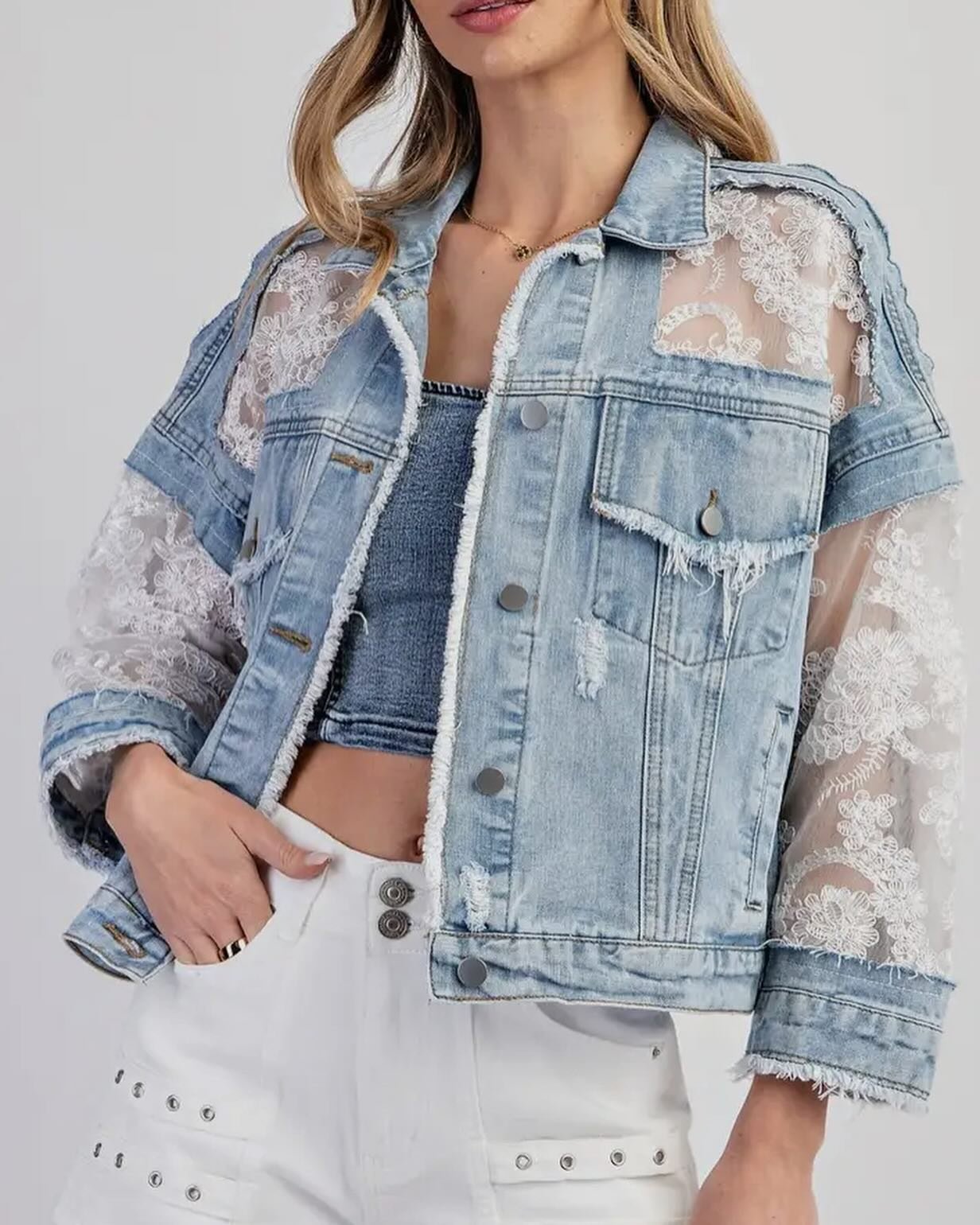 ✨Just arrived!✨ This adorable denim and lace jacket is available in sizes Small to Large. Available in our Sylva location only. 💕