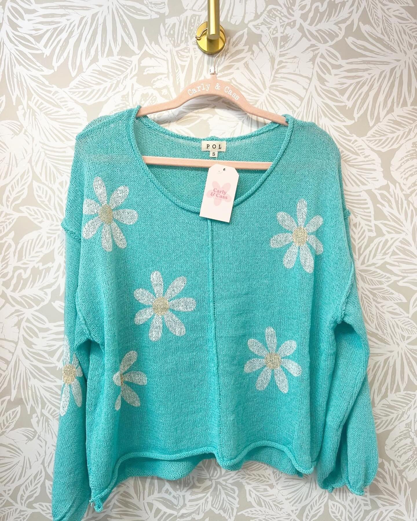 We&rsquo;ve restocked the POL daisy light blue sweater and added a teal one too! Available in our Sylva store in sizes S-L! 💕