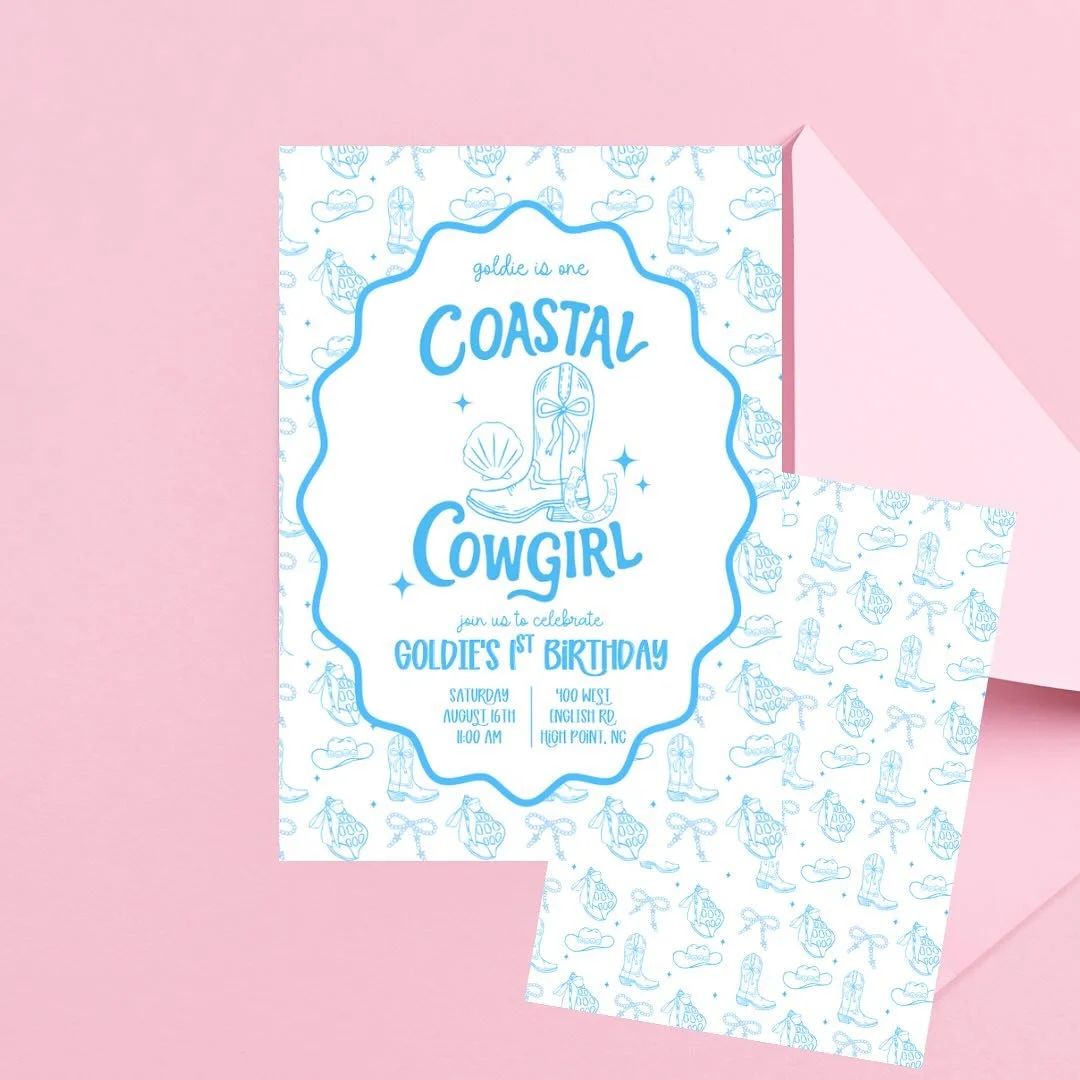 Hanging on to summer a little bit longer with this coastal cowgirl themed invite 🤠🩵 

You&rsquo;ll want to stick around to see these breezy cowgirl dreams come to life real soon🌊 

Custom party invitation, coastal cowgirl birthday, birthday theme,